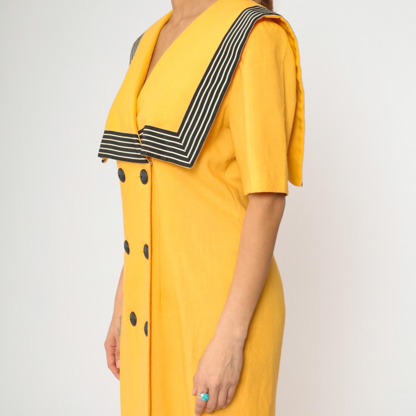 80s Yellow Sailor Collar Midi Dress Double Breasted Black Striped Medium