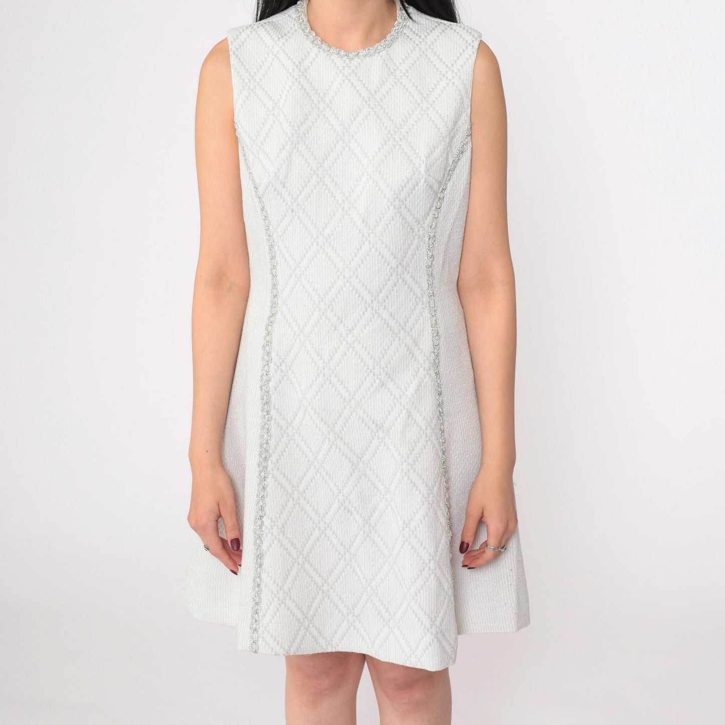 60s Vicky Vaughn Silver Checkered Mini Dress Sleeveless A-Line White Small