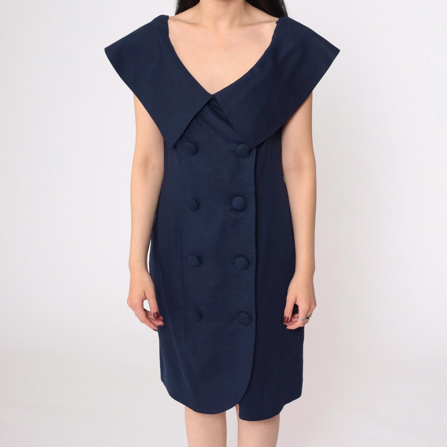 80s Kathryn Conover Navy Portrait Collar Mini Dress Double-Breasted Small 6