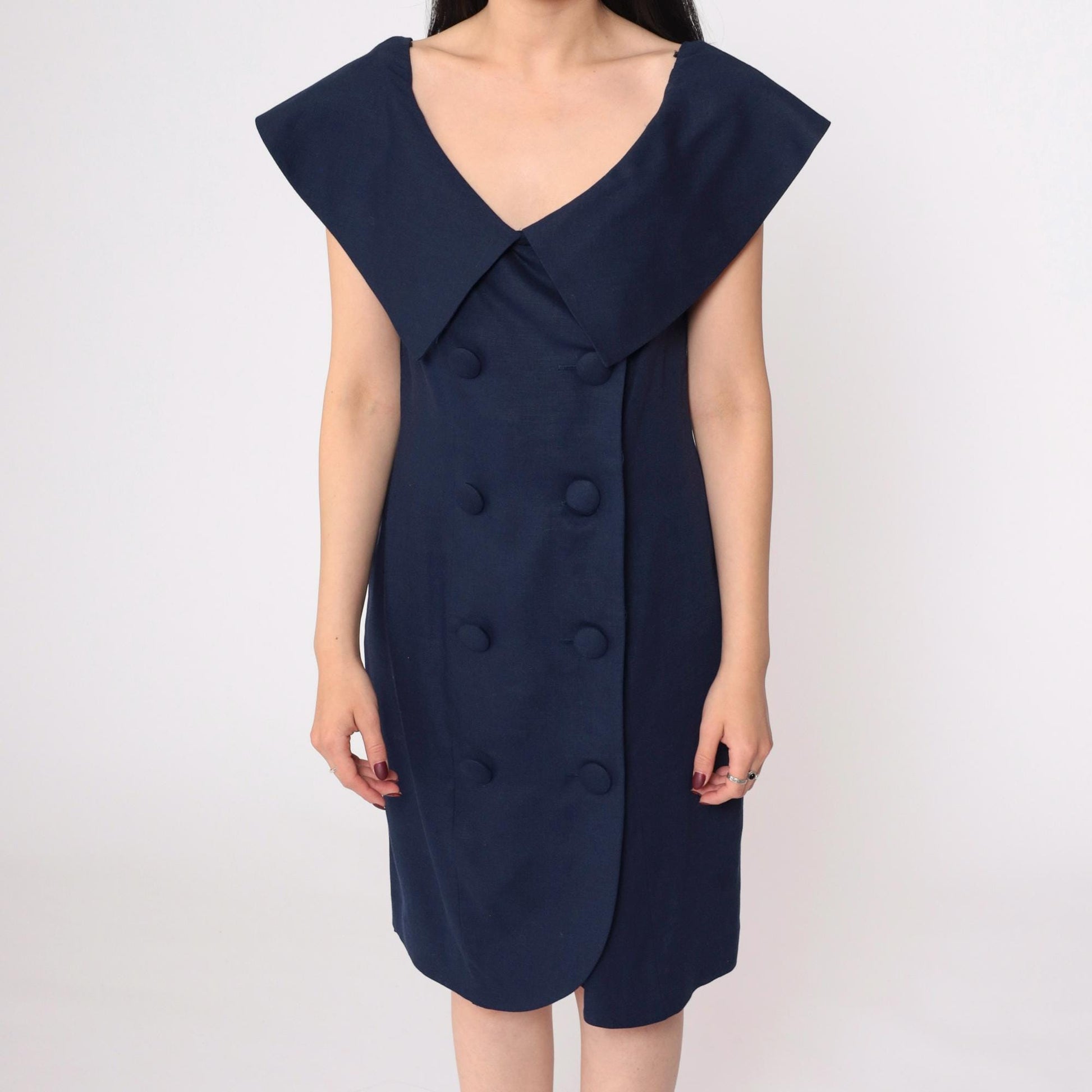 80s Kathryn Conover Navy Portrait Collar Mini Dress Double-Breasted Small 6