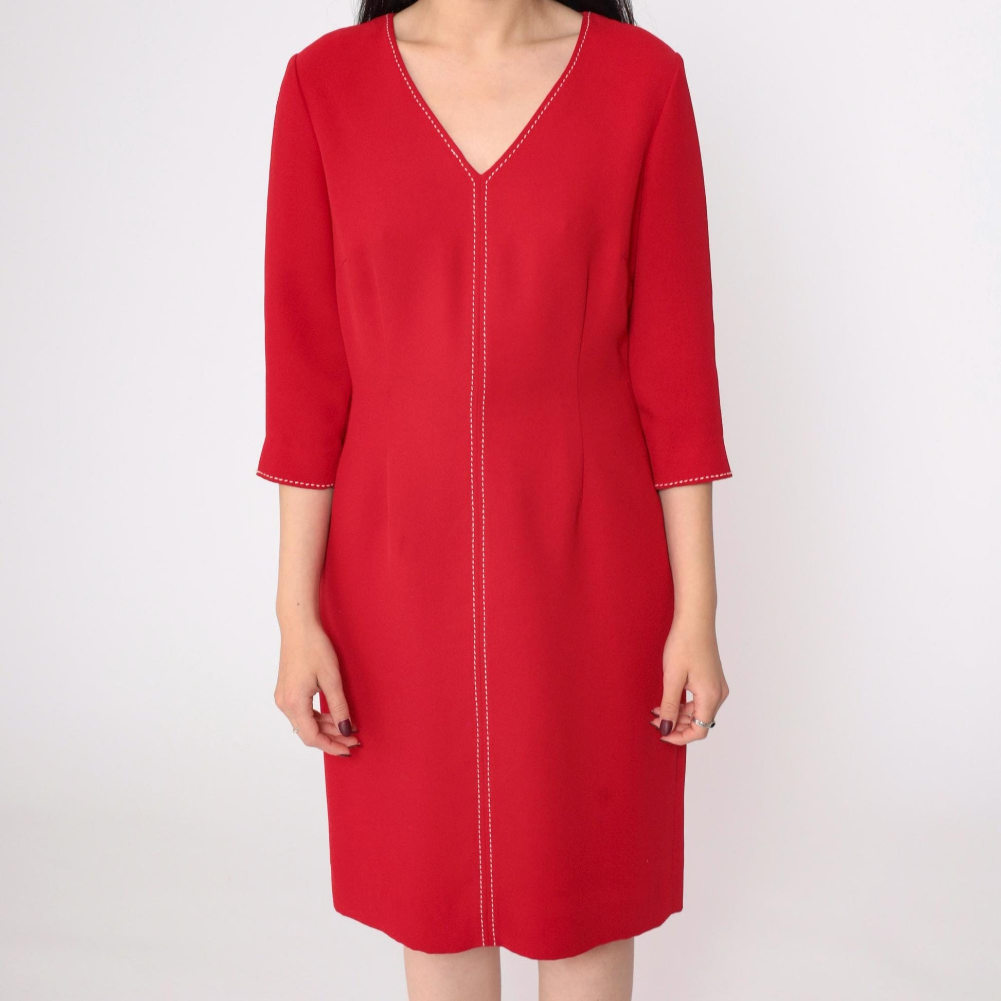 90s David Warren Red Sheath Dress V-Neck Decorative Stitching Small Petite