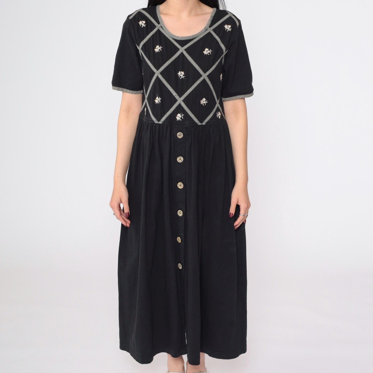 90s Black Floral Embroidered Cotton Maxi Dress Gingham Lattice Short Sleeve Small
