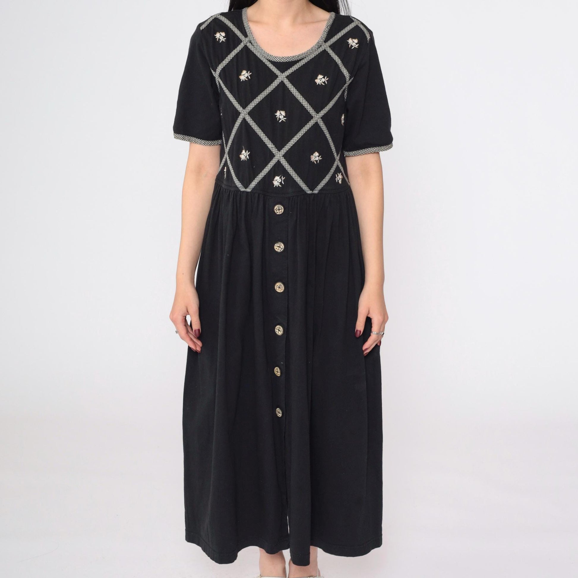 90s Black Floral Embroidered Cotton Maxi Dress Gingham Lattice Short Sleeve Small