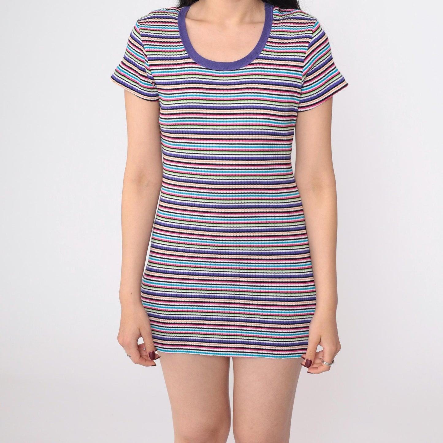 90s Y2K Purple Rainbow Striped Ringer Tee Dress Bodycon Mini Small