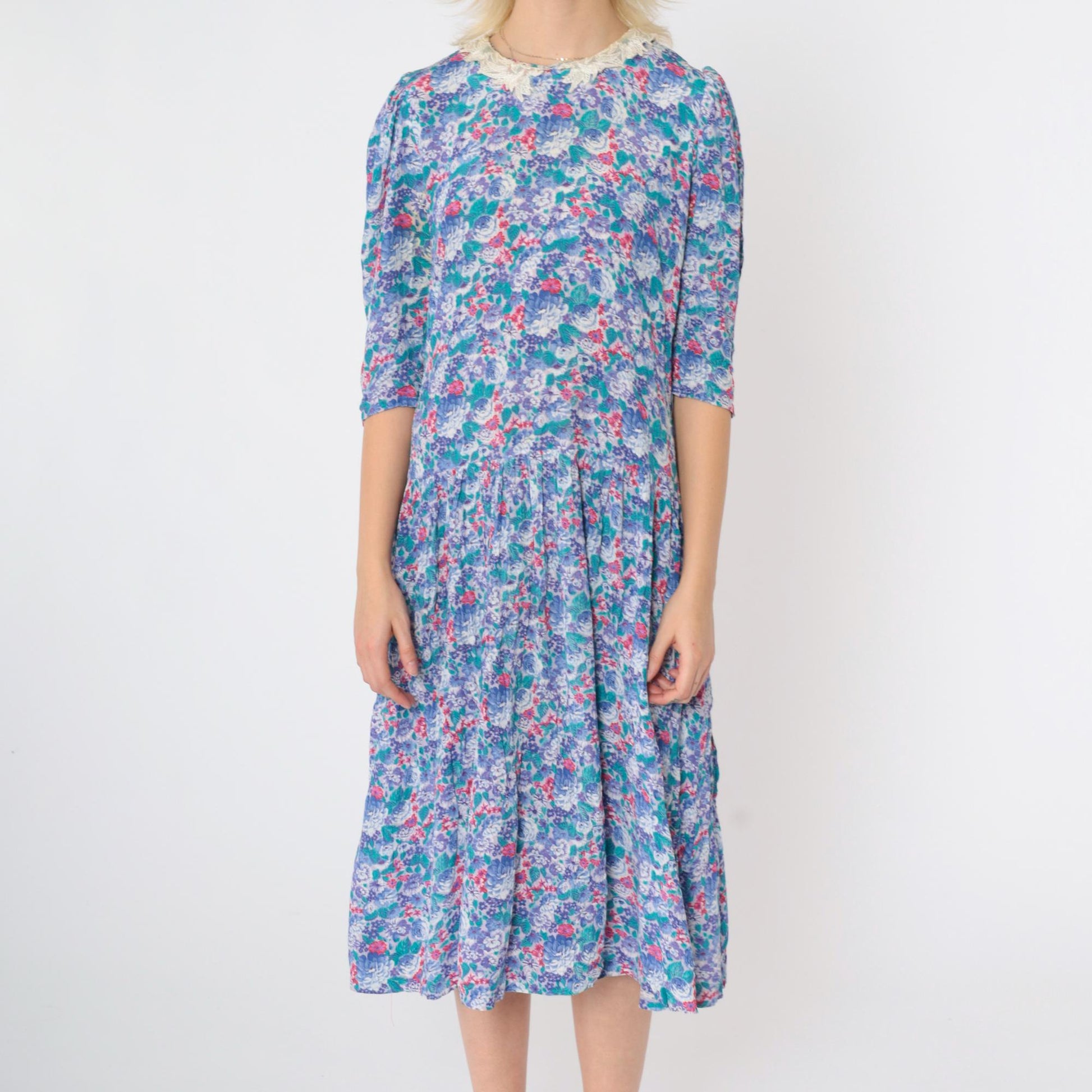 80s Floral Midi Dress Multicolor Puff Sleeve Lace Collar Drop Waist Medium