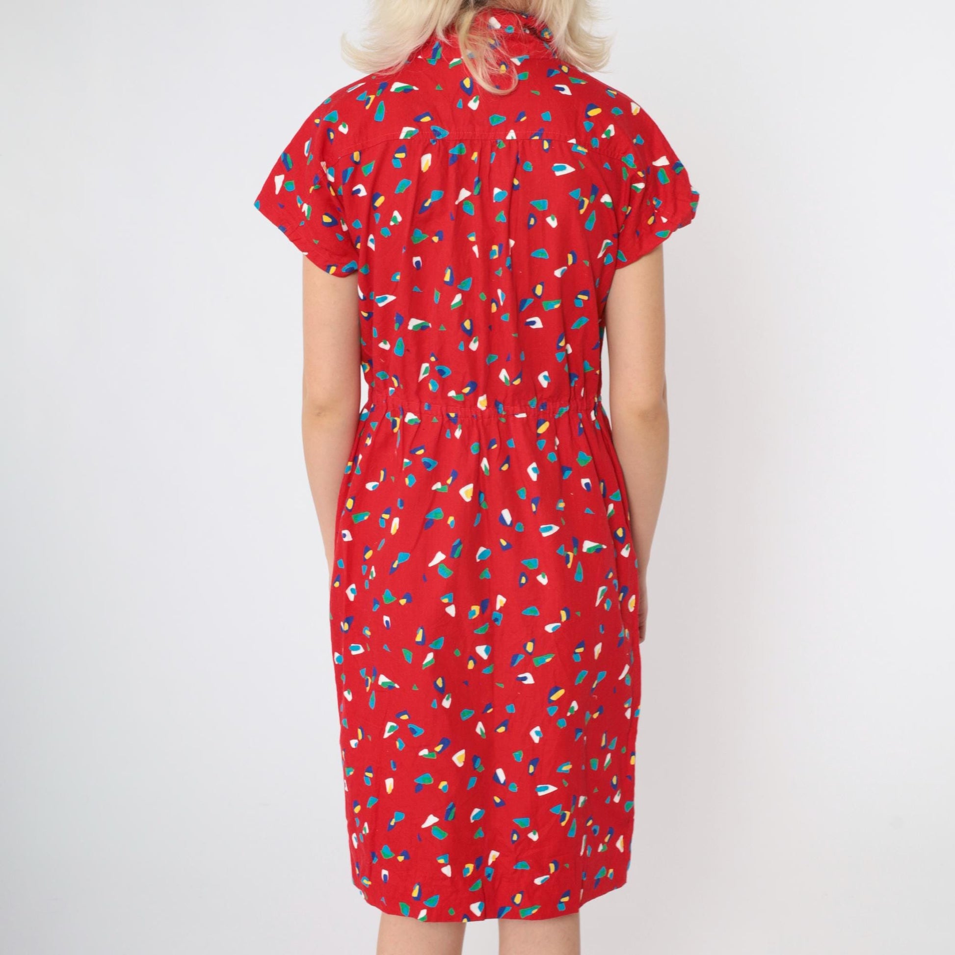 80s Red Confetti Print Midi Shirtdress Button Up High Waist Cap Sleeve Small