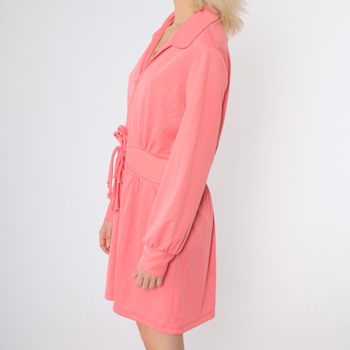70s Pink Mod Mini Dress Zip Front Quilted Waist Long Sleeve Large