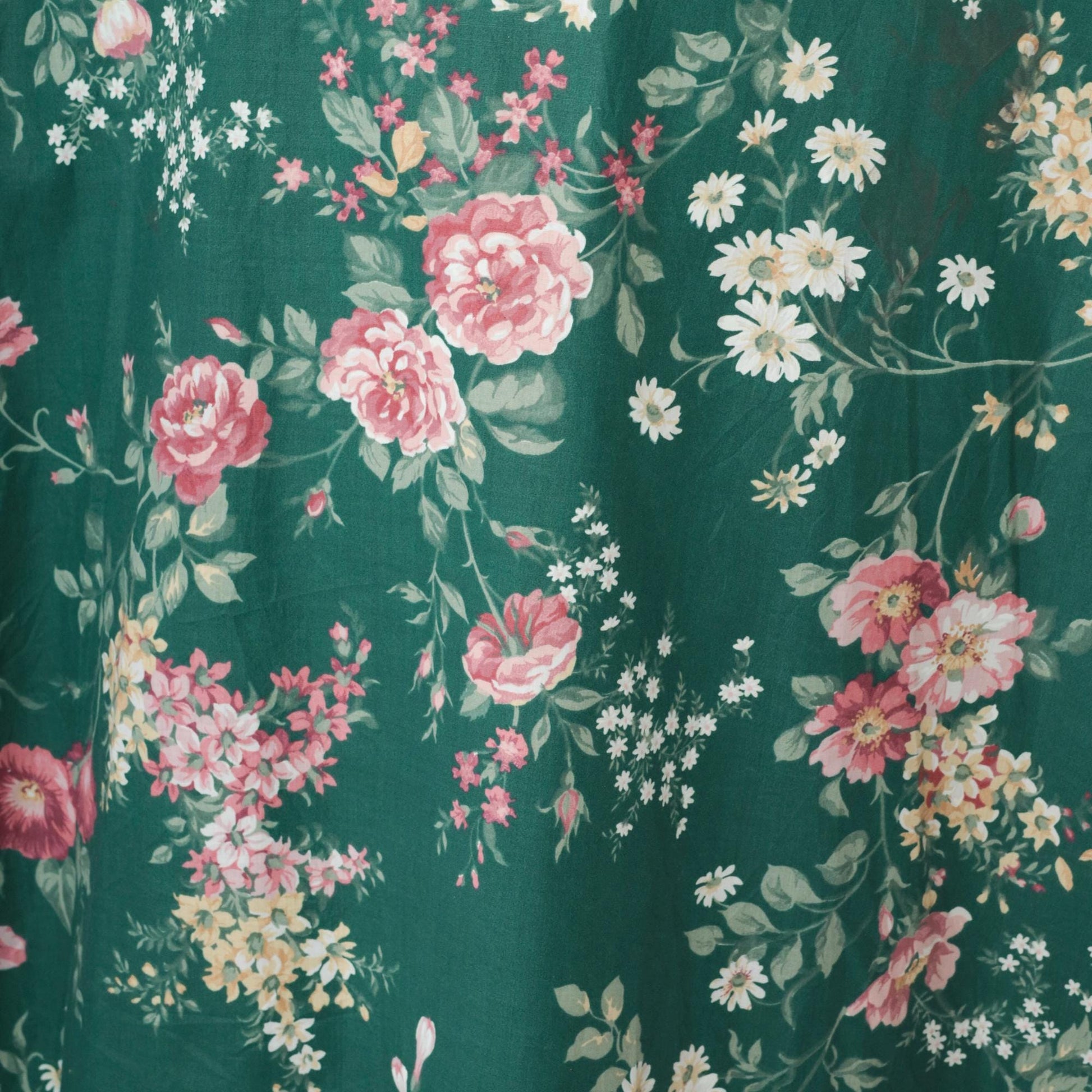 1970s Green Floral Shirt Dress Knee-Length Button-Up Collar Long Sleeve Medium Large