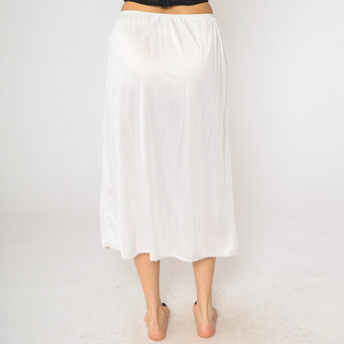 80s Warner's White Nylon Slip Skirt Scalloped Lace Midi Extra Large