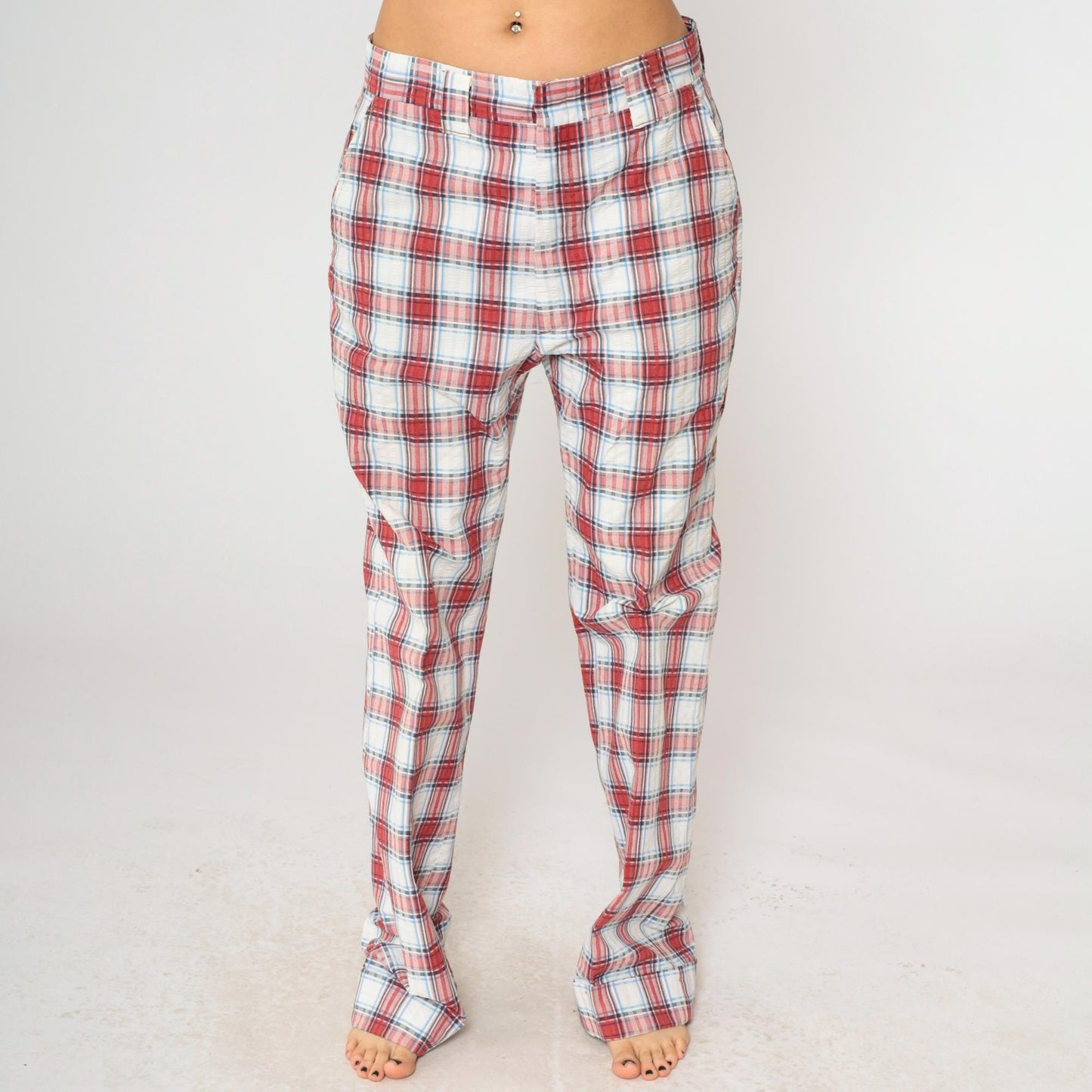 70s Haggar Plaid Trousers Red White Blue High Waisted Straight Leg Men's 34
