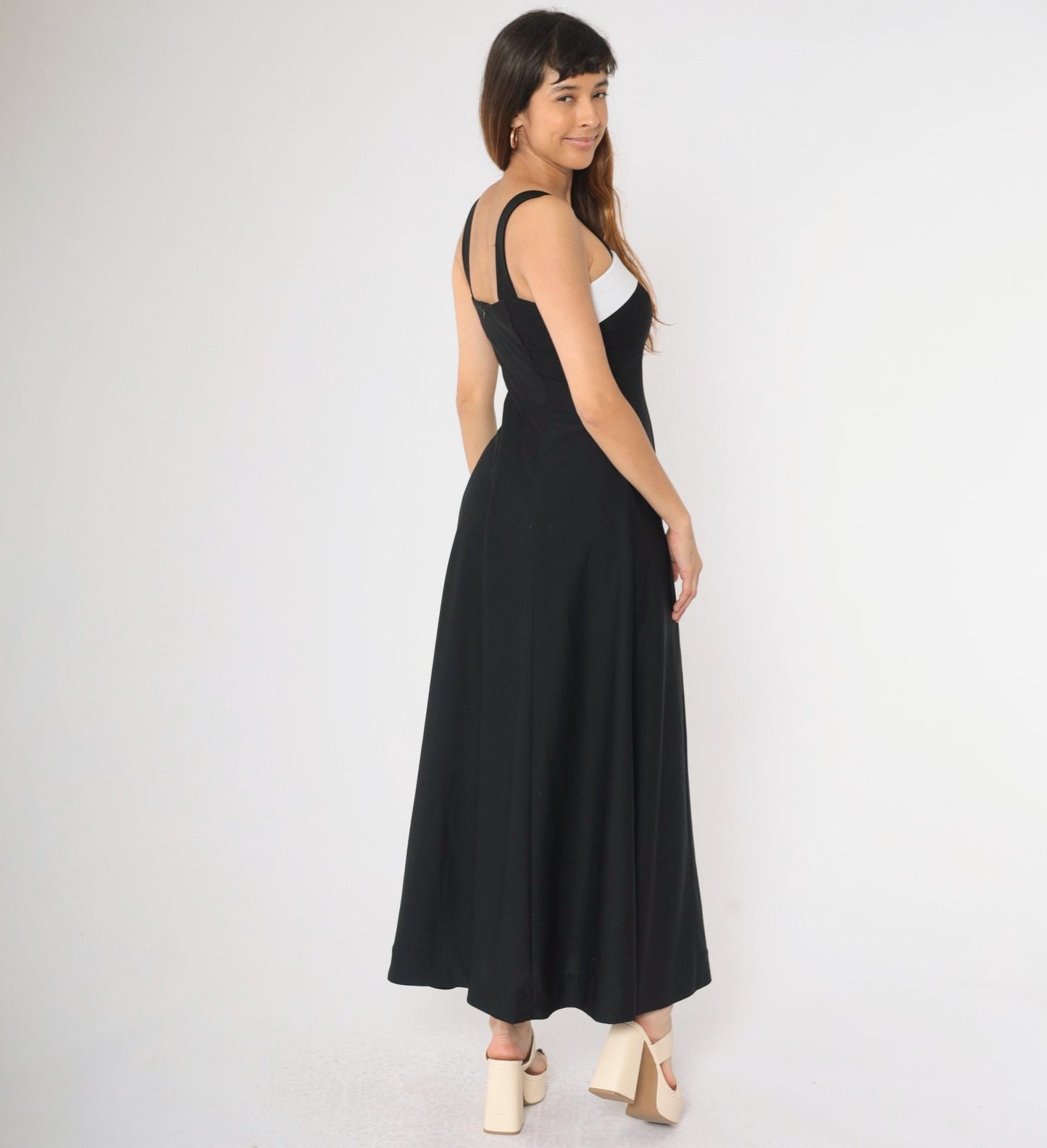 Y2K Black Maxi Dress White Chest Panel Square Neck Sleeveless Small 4