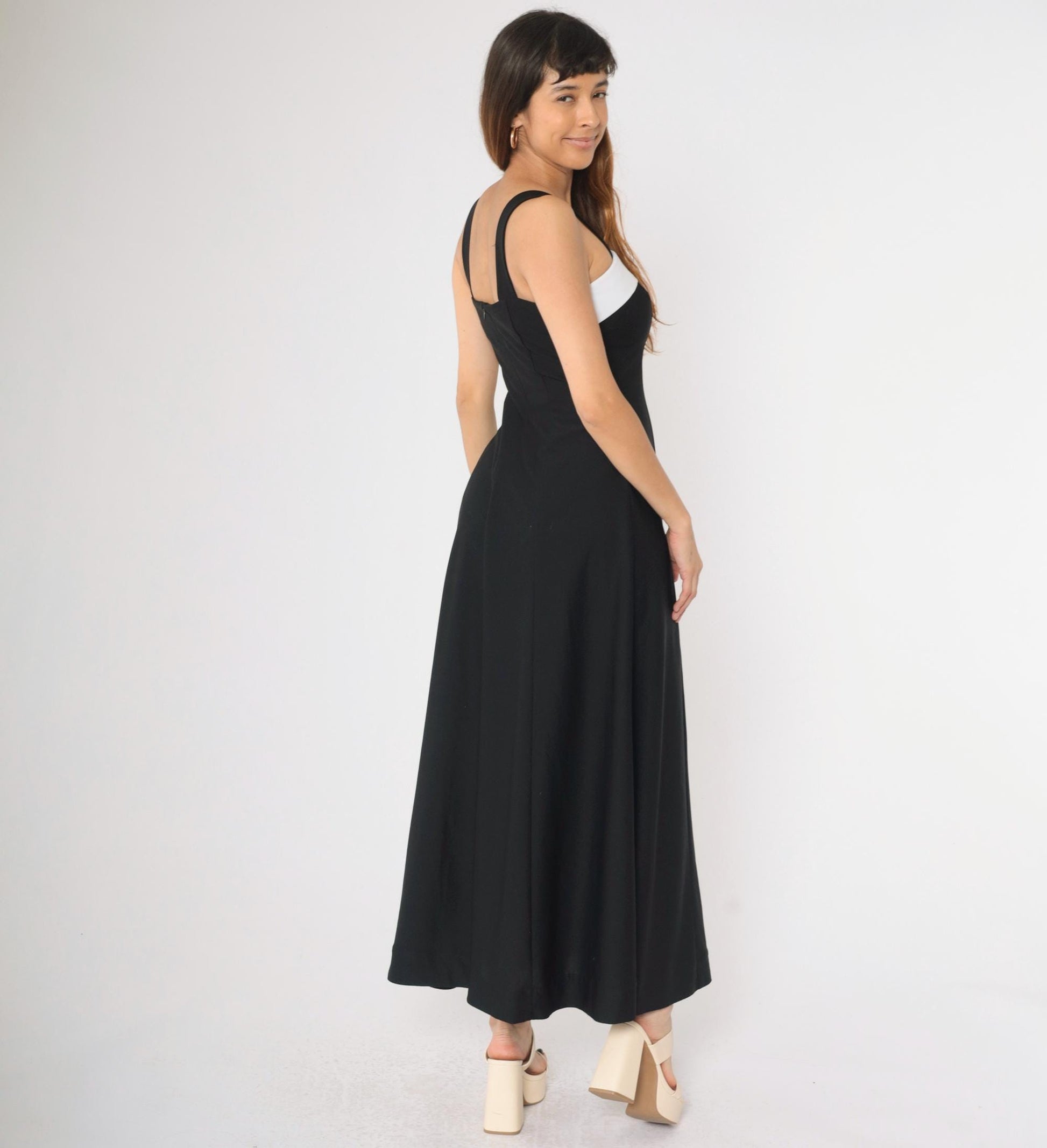 Y2K Black Maxi Dress White Chest Panel Square Neck Sleeveless Small 4