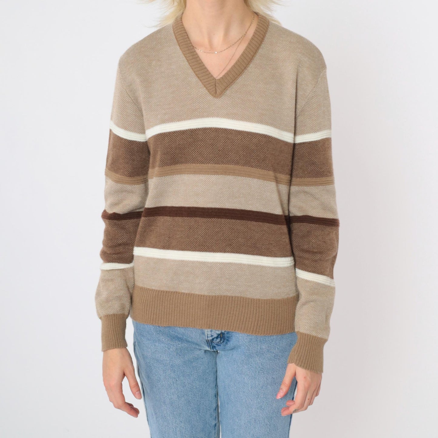 80s Tan Striped V-Neck Sweater Pullover Knit Small