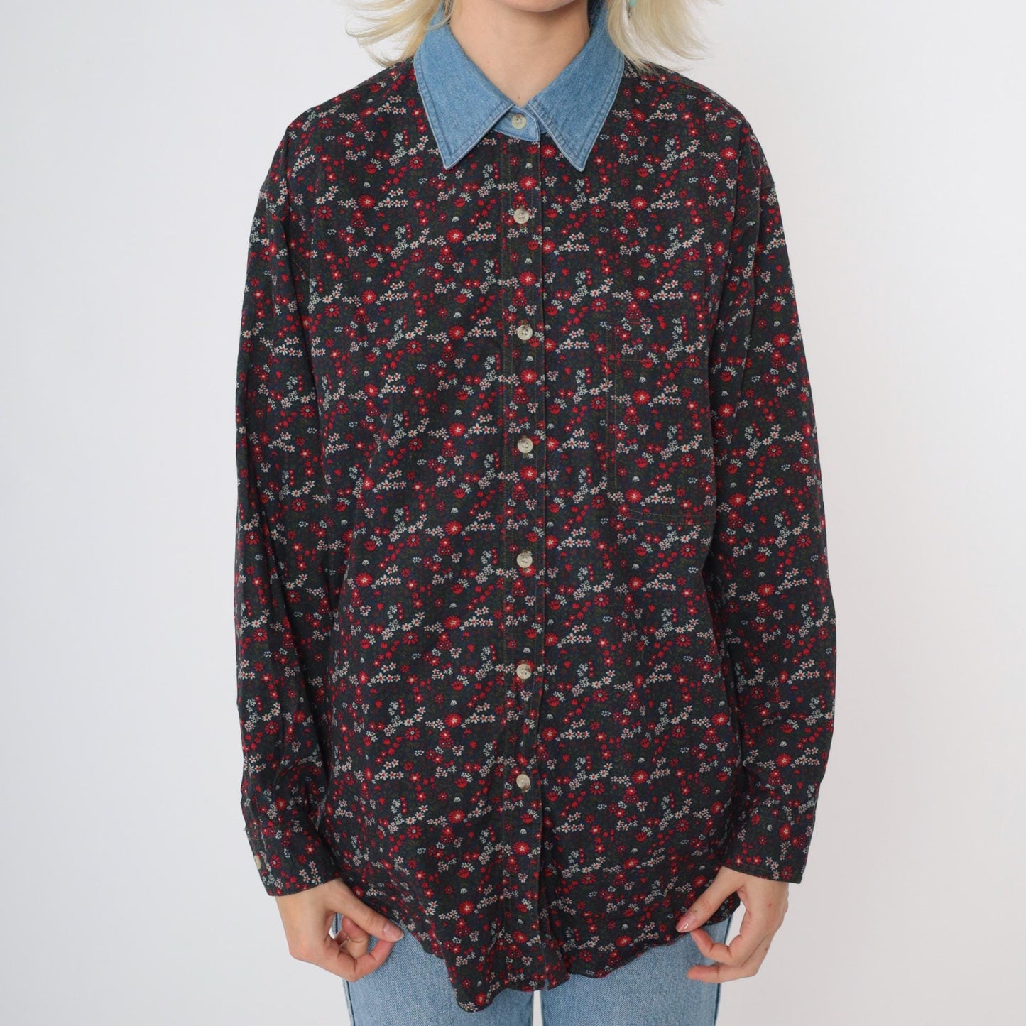 90s Floral Button-Up Blouse Red Green Blue Denim Collar Cotton Medium