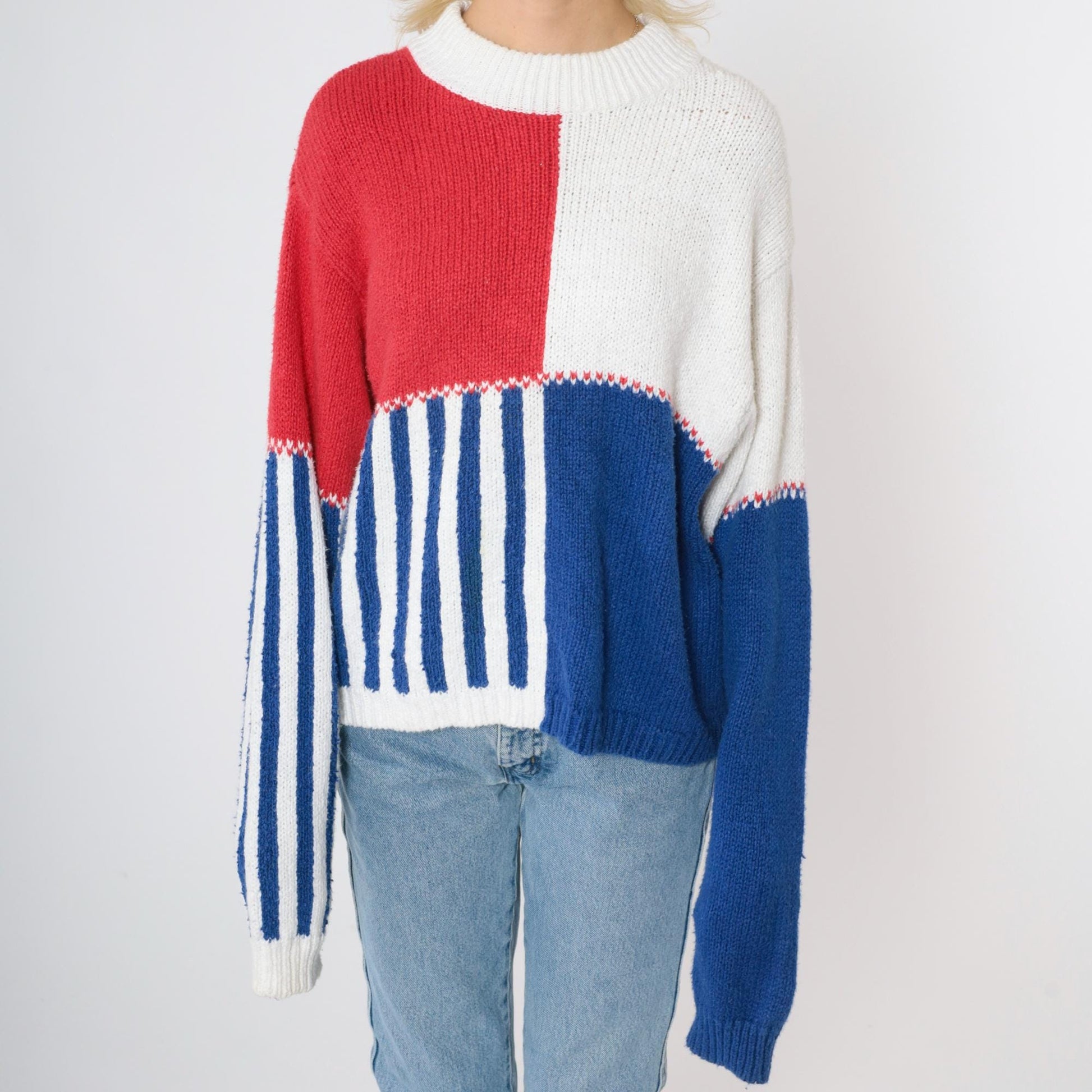 90s Lizsport Color Block Sweater Red White Blue Ramie Cotton Crewneck Medium M