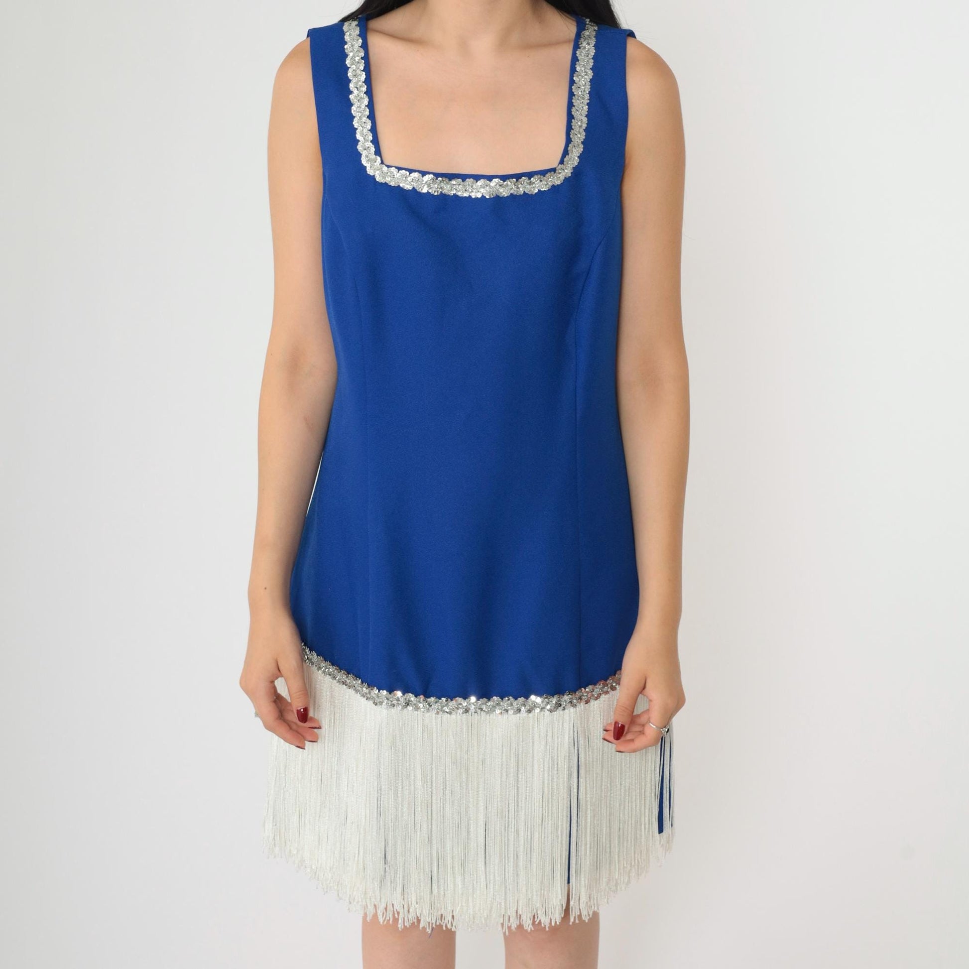 90s Royal Blue Fringe Sequin Mini Dress Square Neck Sleeveless Small
