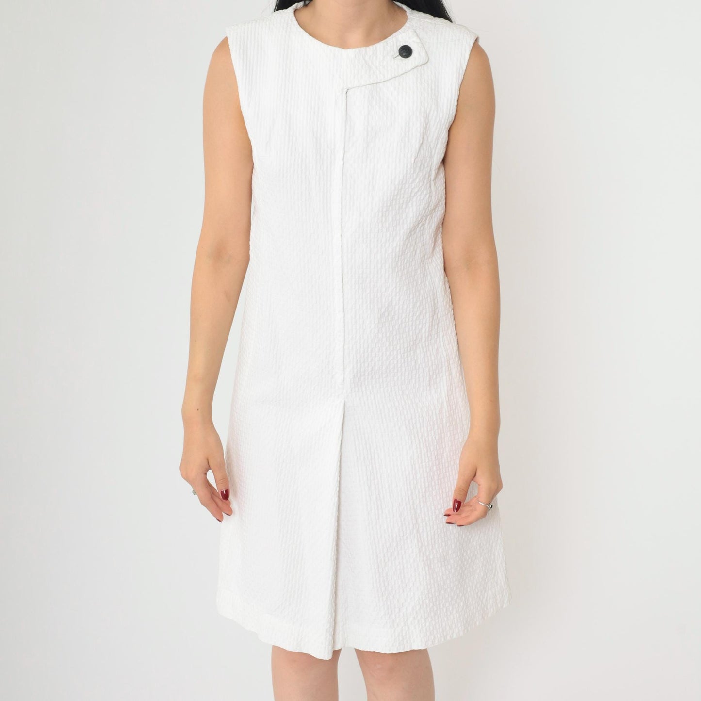 60s White Mod Mini Shift Dress Sleeveless Front Zip Textured Small