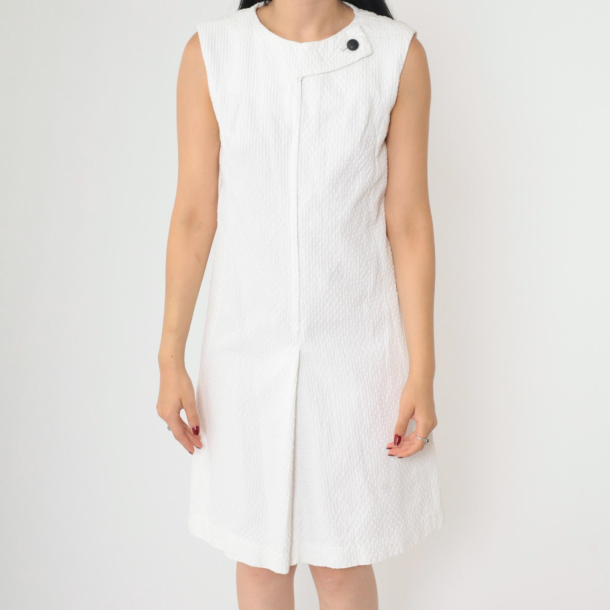 60s White Mod Mini Shift Dress Sleeveless Front Zip Textured Small
