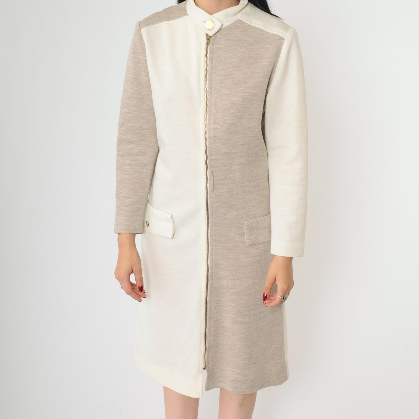 60s Mod Color Block Shift Dress White Taupe Front Zip Long Sleeve Medium