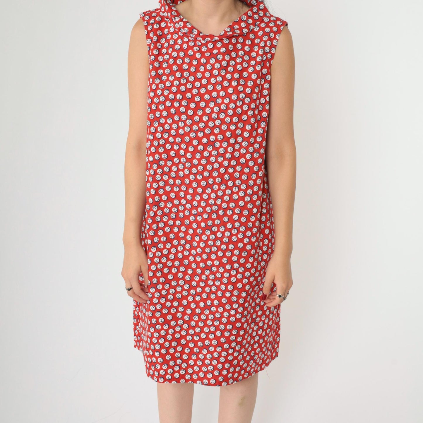 1960s Nautical Anchor Print Shift Dress Red Mini Sleeveless Medium M