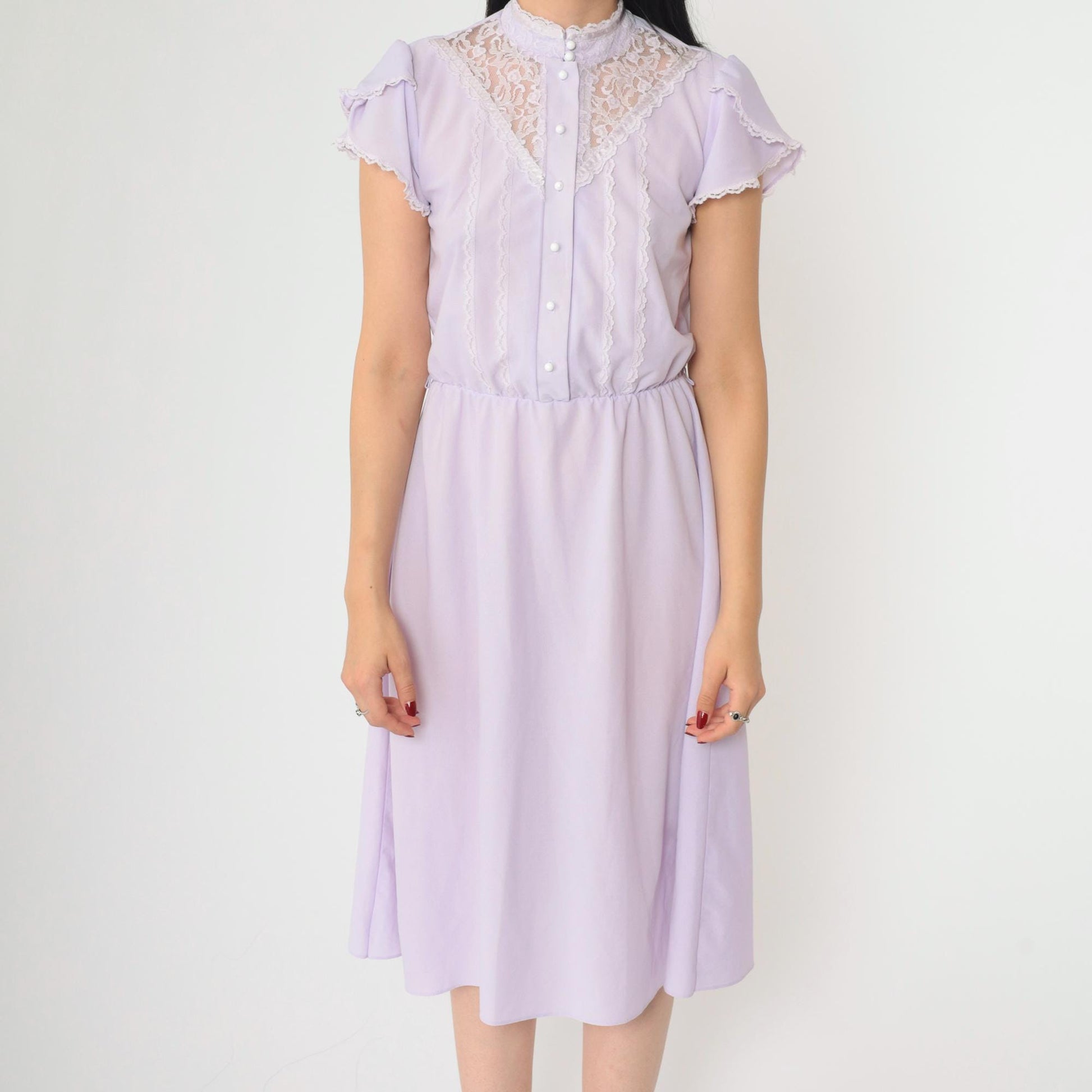 70s Lavender Midi Dress Lace Yoke Button Front Tulip Sleeve Small