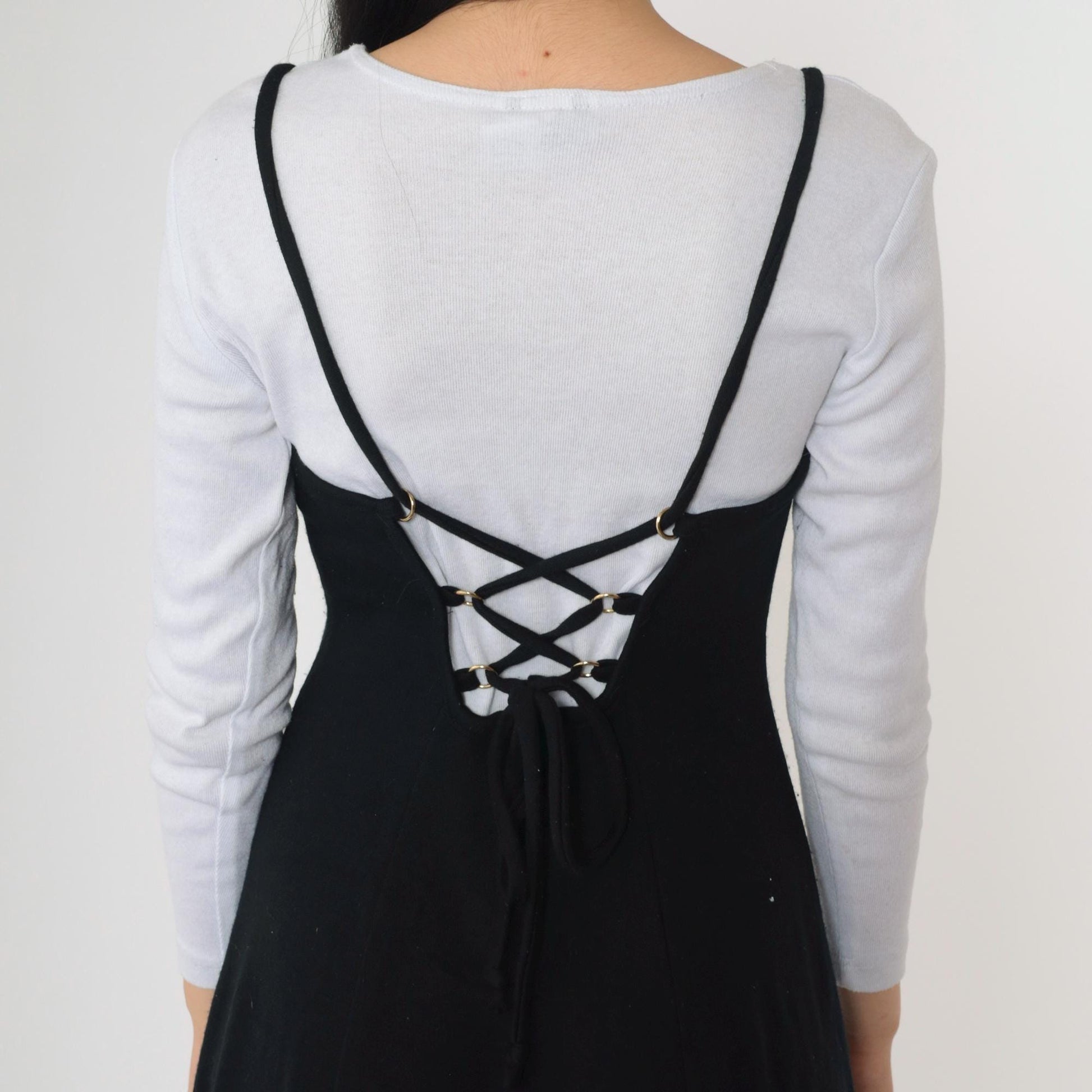 90s Black Midi Dress White Lace-Up Back Attached Shirt Small