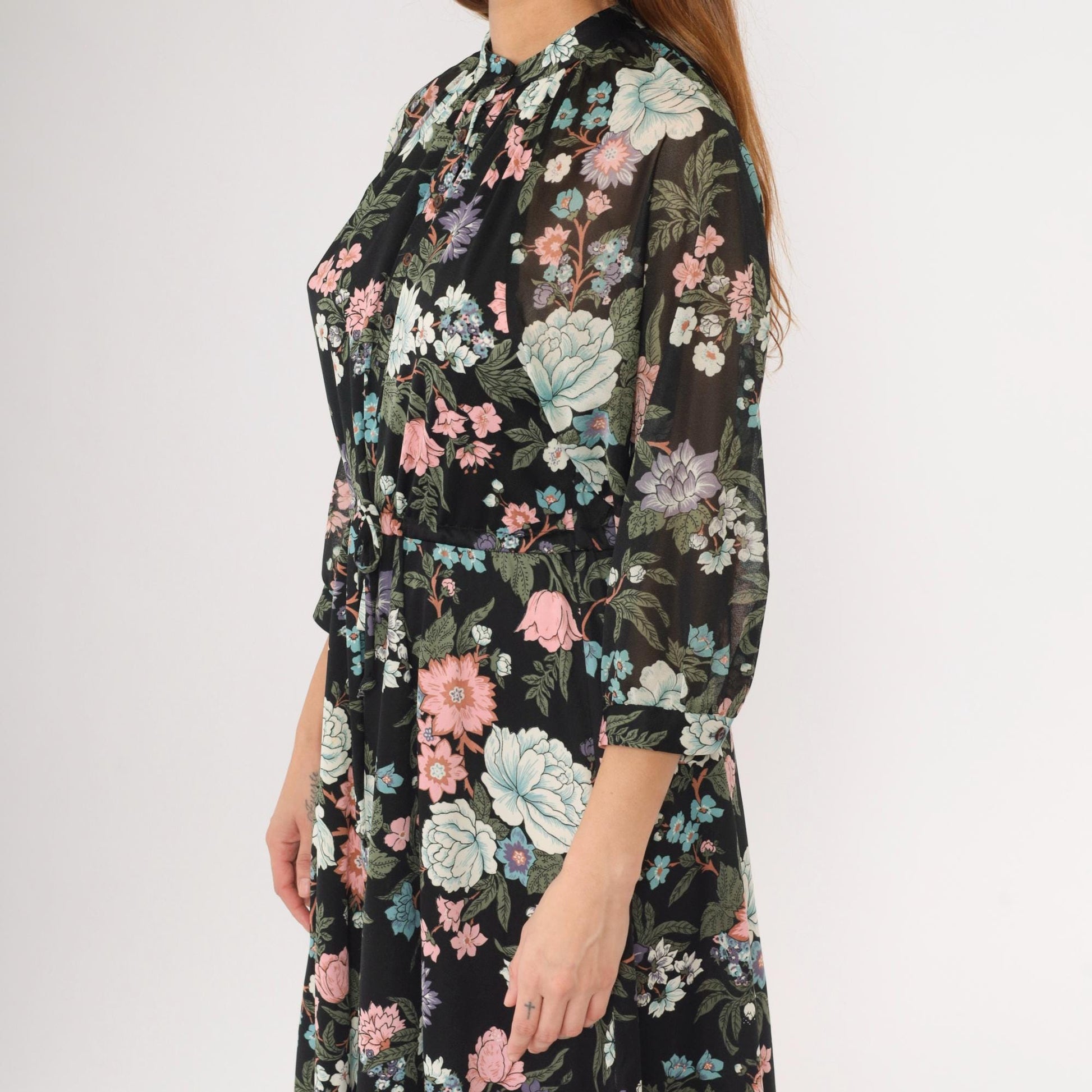 70s Black Floral Midi Dress 3/4 Sleeve Drawstring Waist Button Up Medium