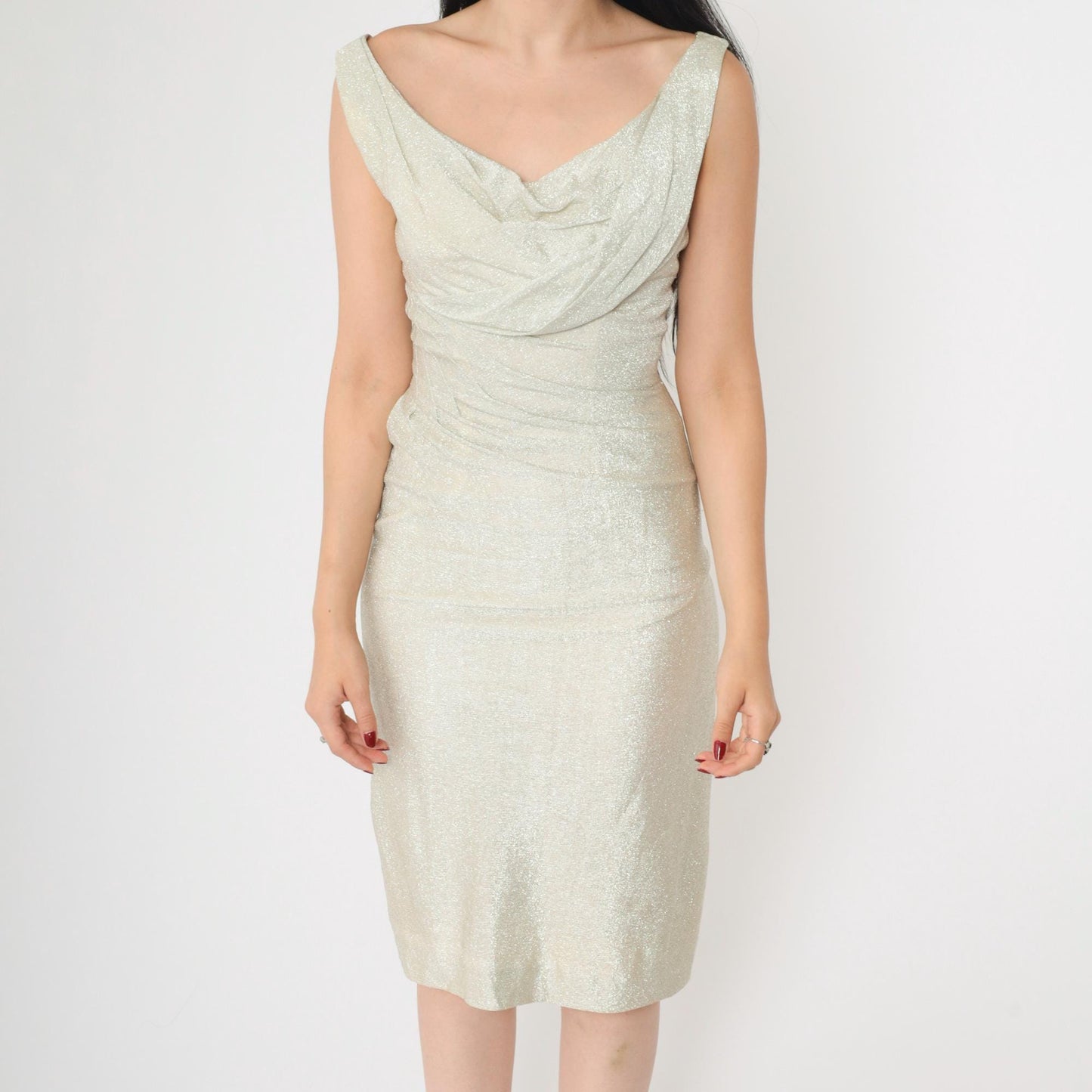 60s Silver Metallic Sheath Dress Draped Neckline Sleeveless Mod Party Extra Small
