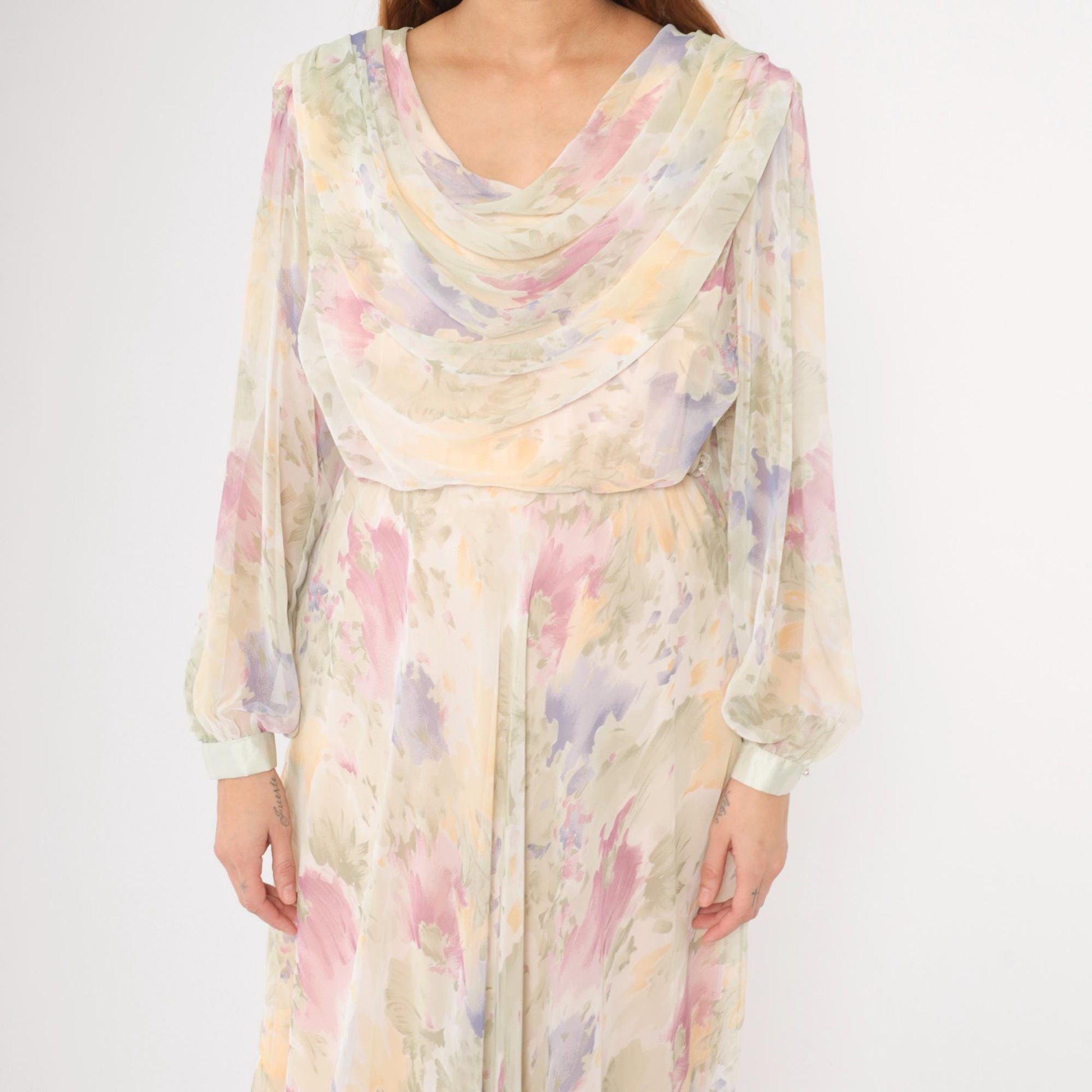 80s Ursula Pastel Watercolor Floral Chiffon Midi Dress Cowl Neck Medium