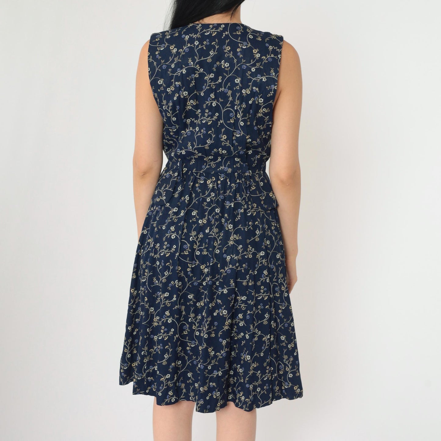 90s Navy Floral Jumper Dress Sleeveless V-Neck Mini Button-Up Small