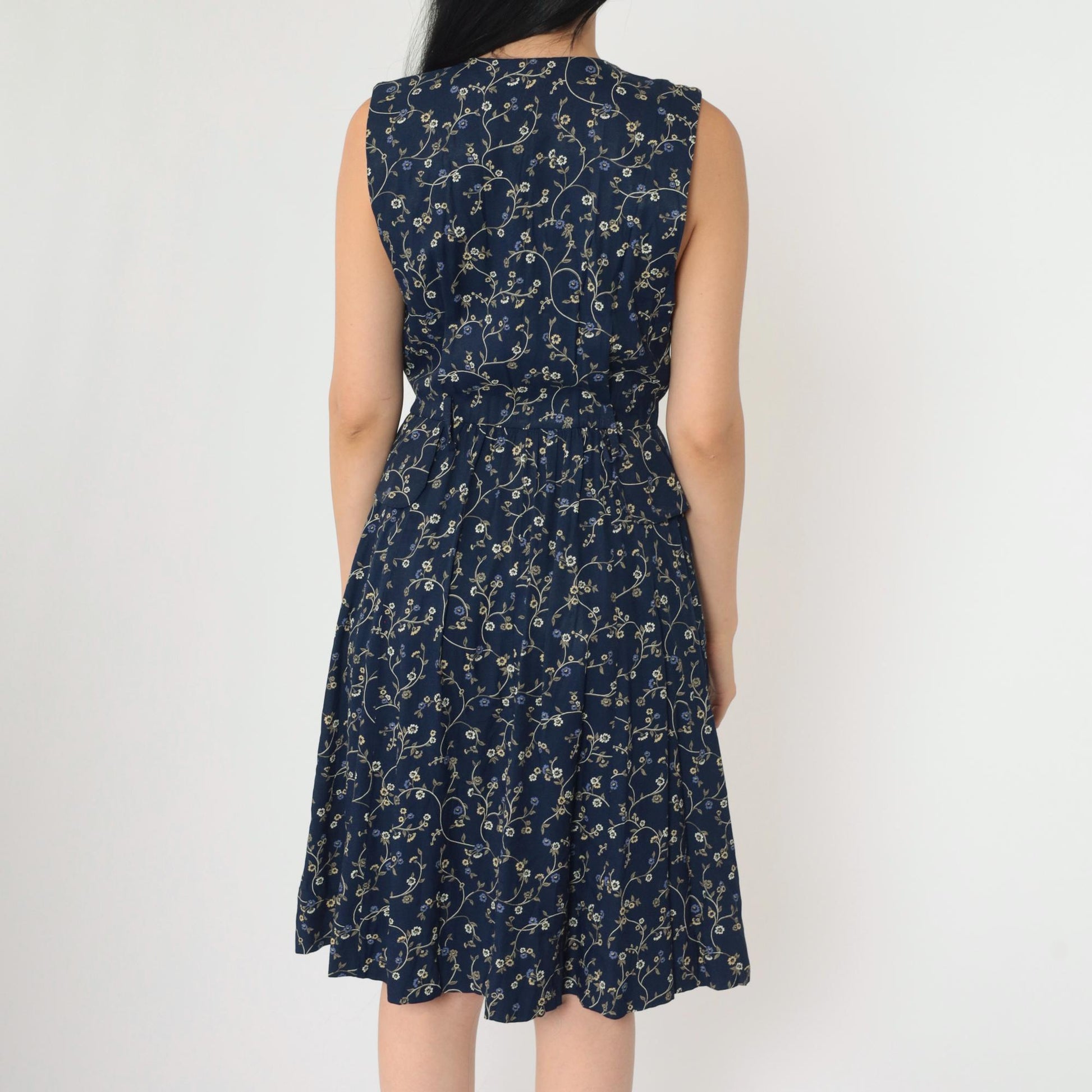 90s Navy Floral Jumper Dress Sleeveless V-Neck Mini Button-Up Small