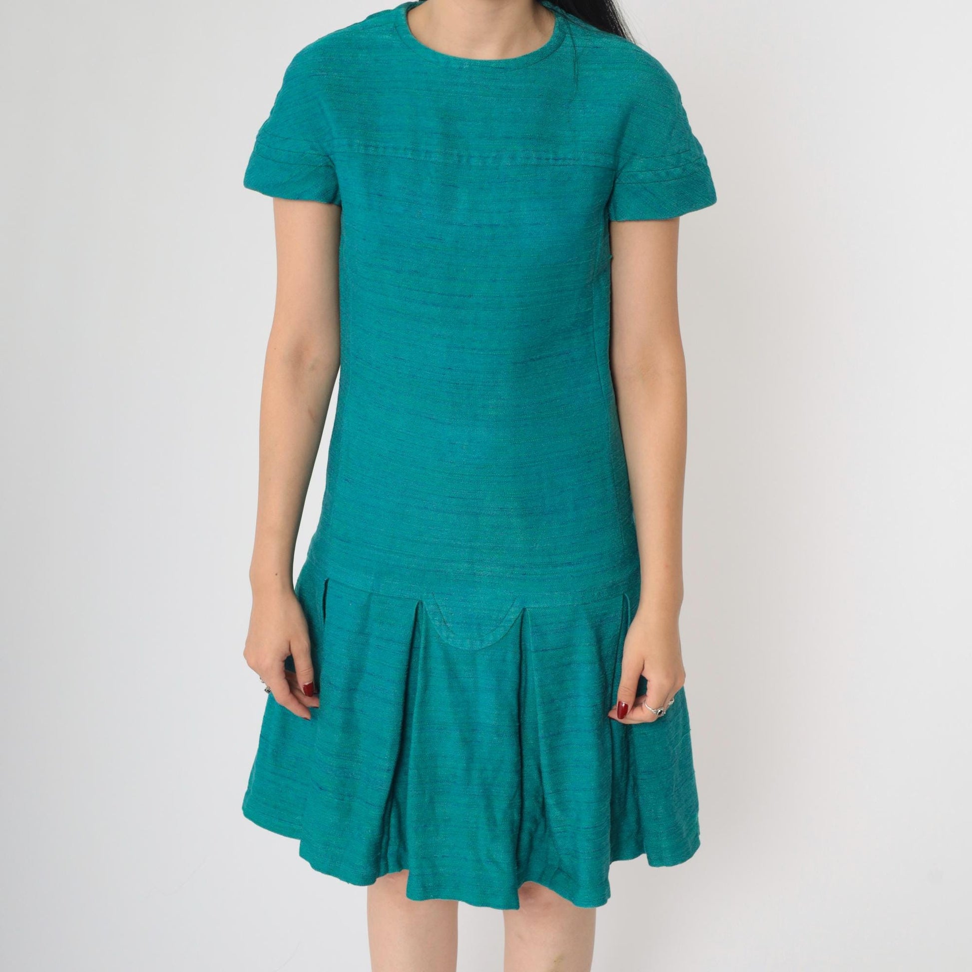 60s Mod Mini Dress Teal Drop Waist Pleated Short Sleeve Extra Small