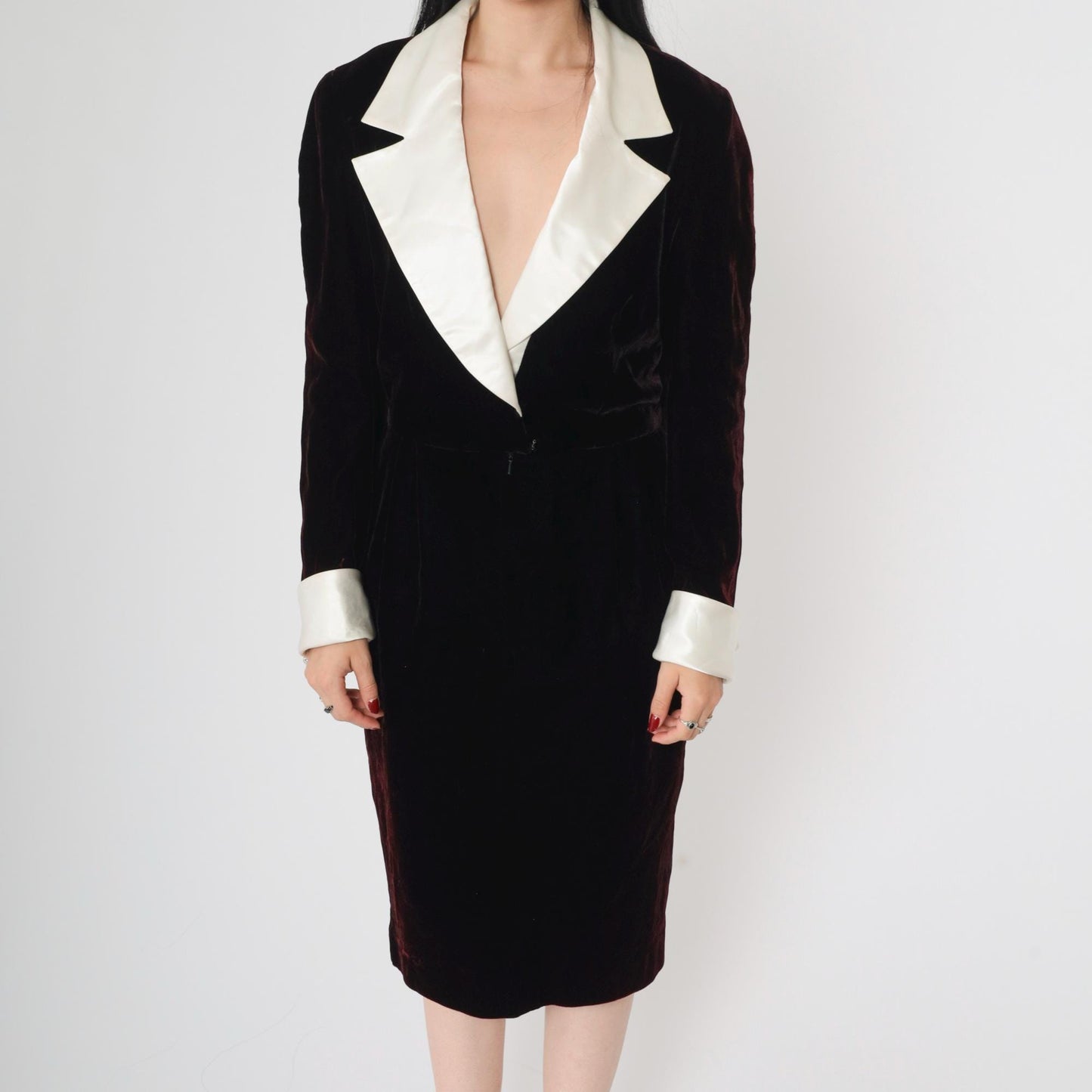 90s Black Velvet Wrap Dress White Satin Collar Deep V Midi Medium