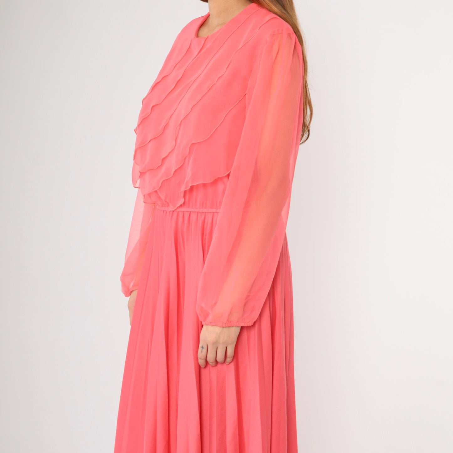 80s Coral Pink Chiffon Midi Dress Puff Sleeves Ruffled Bodice Large L