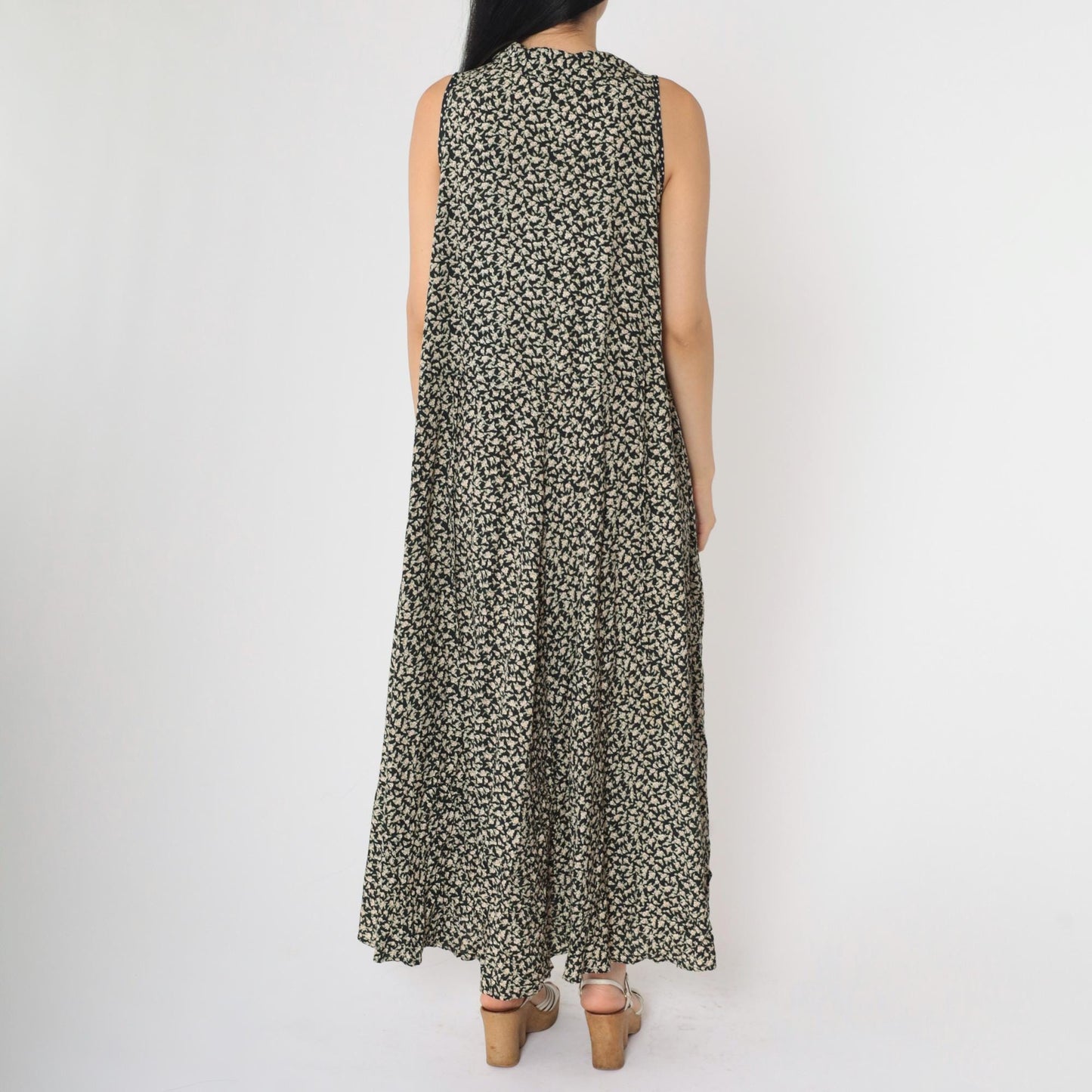90s Black Floral Sleeveless Dress Button-Up Drop Waist Ankle Length Medium M