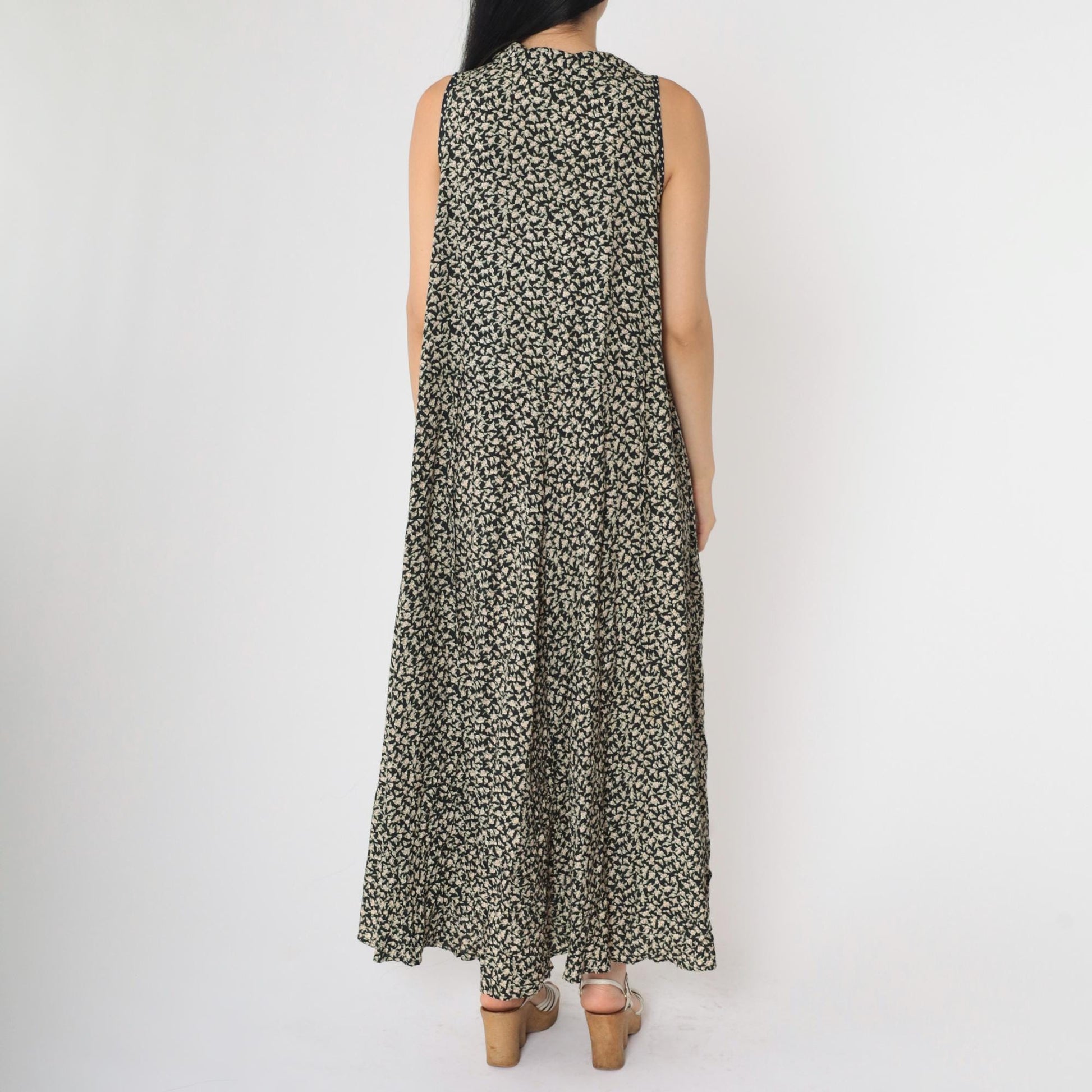 90s Black Floral Sleeveless Dress Button-Up Drop Waist Ankle Length Medium M