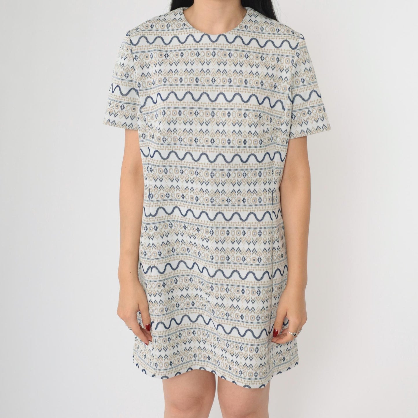 60s Geometric Shift Mini Dress Grey Navy Tan Short Sleeve Medium