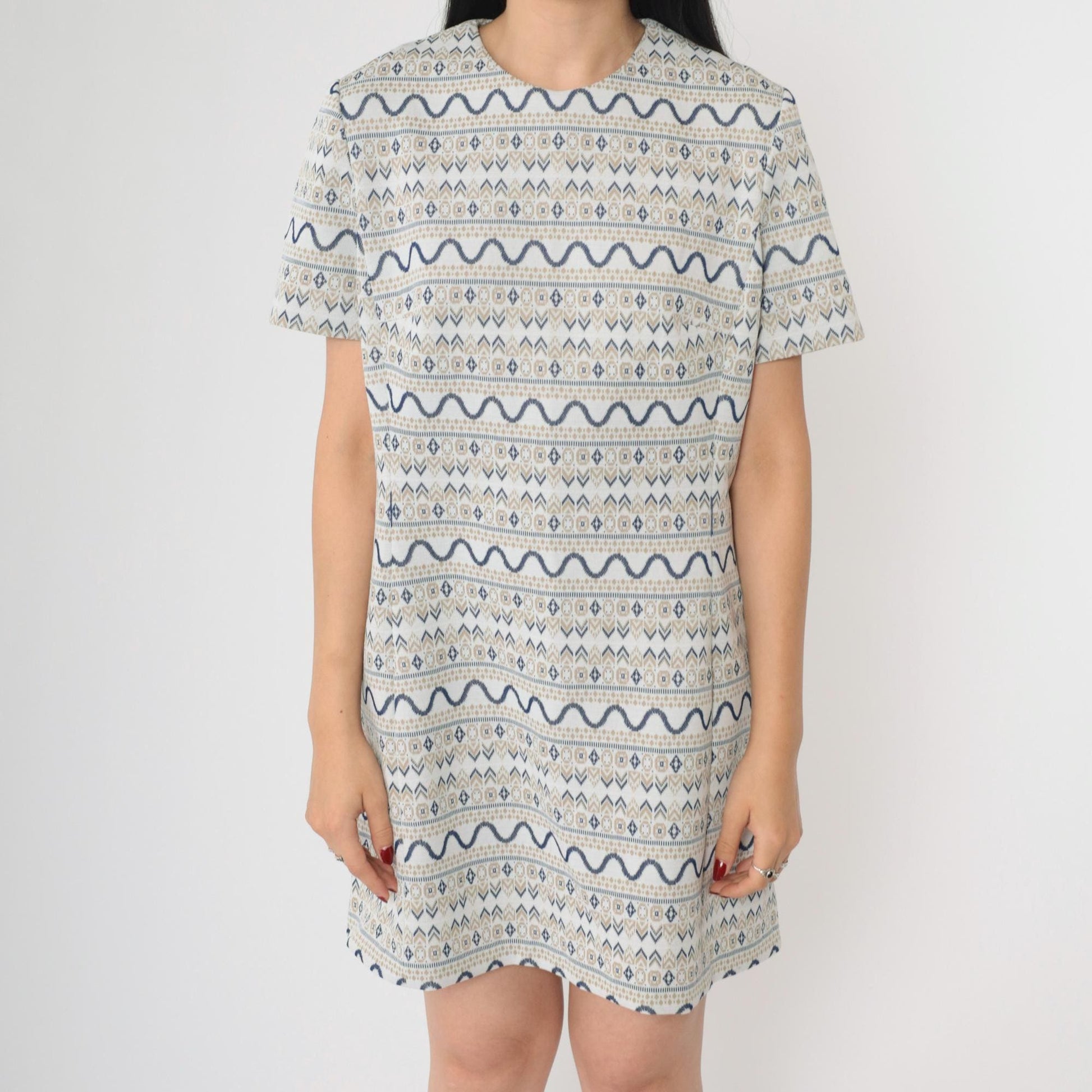 60s Geometric Shift Mini Dress Grey Navy Tan Short Sleeve Medium