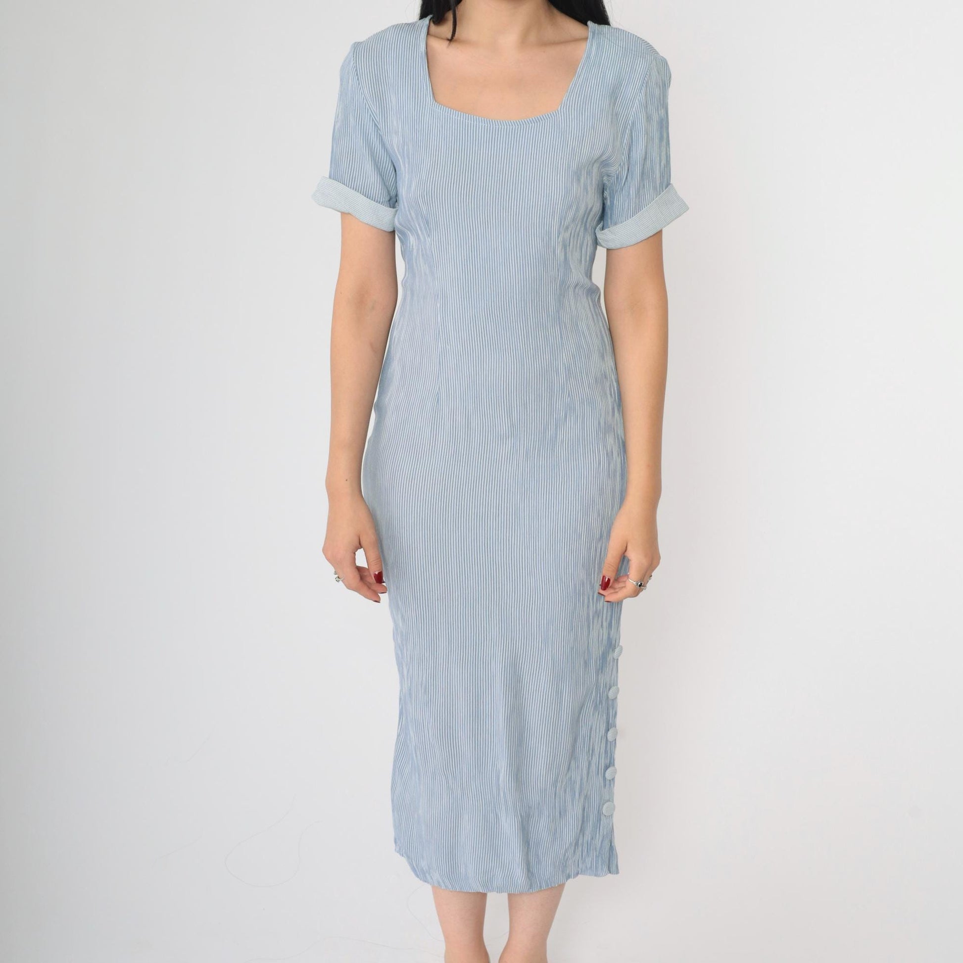 90s Blue White Striped Midi Sheath Dress Cuffed Sleeves Small S