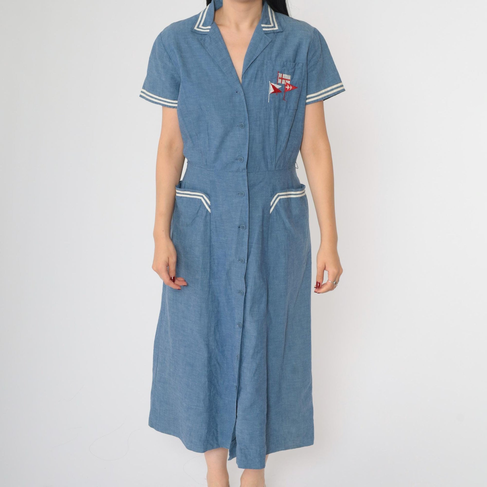 80s Nautical Chambray Shirt Dress Embroidered Flags Midi Blue Small Medium