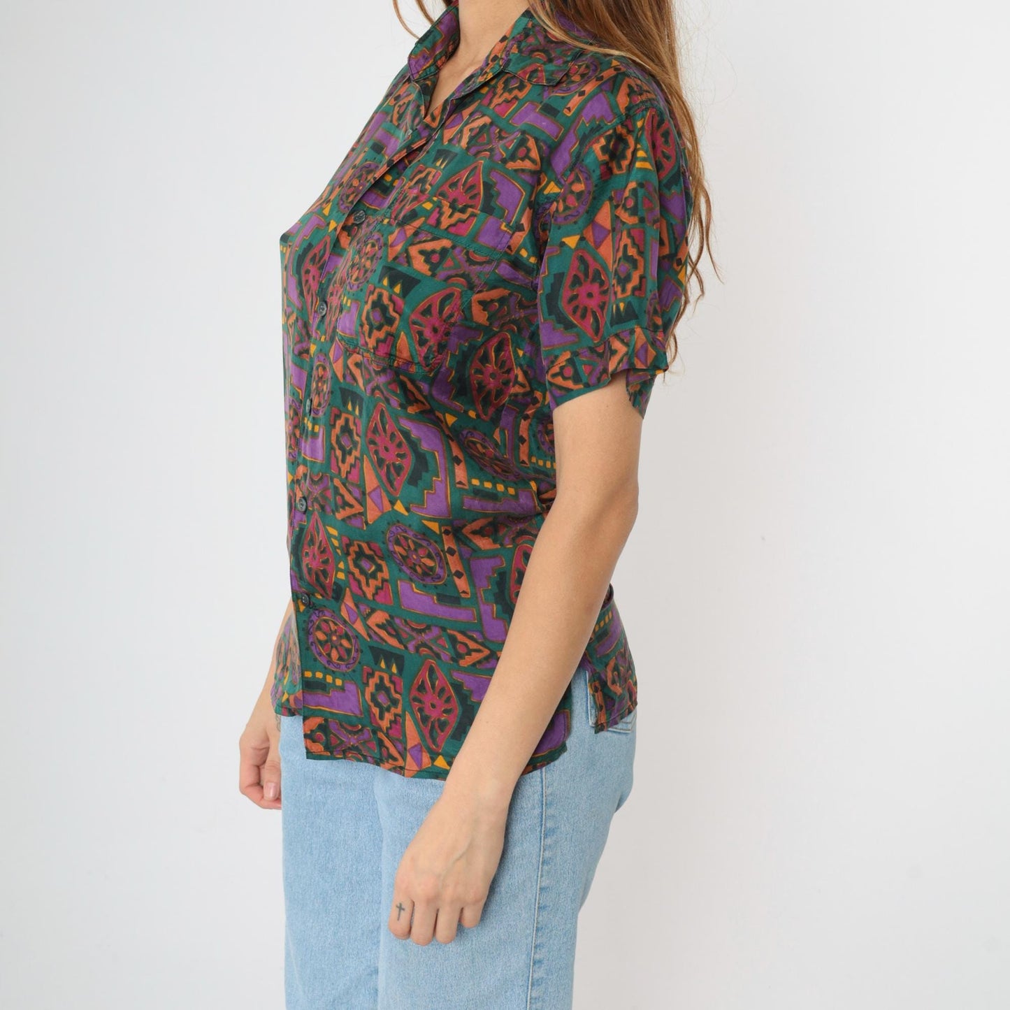 90s Robert Stock Silk Button Up Geometric Print Purple Green Short Sleeve Extra Small