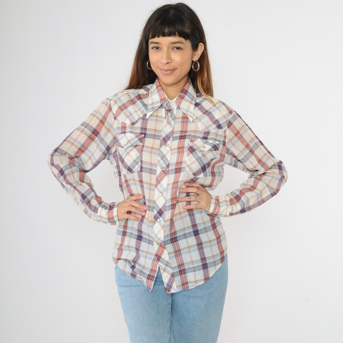 70s Western Pearl Snap Shirt Plaid White Red Blue Dagger Collar Men's Small