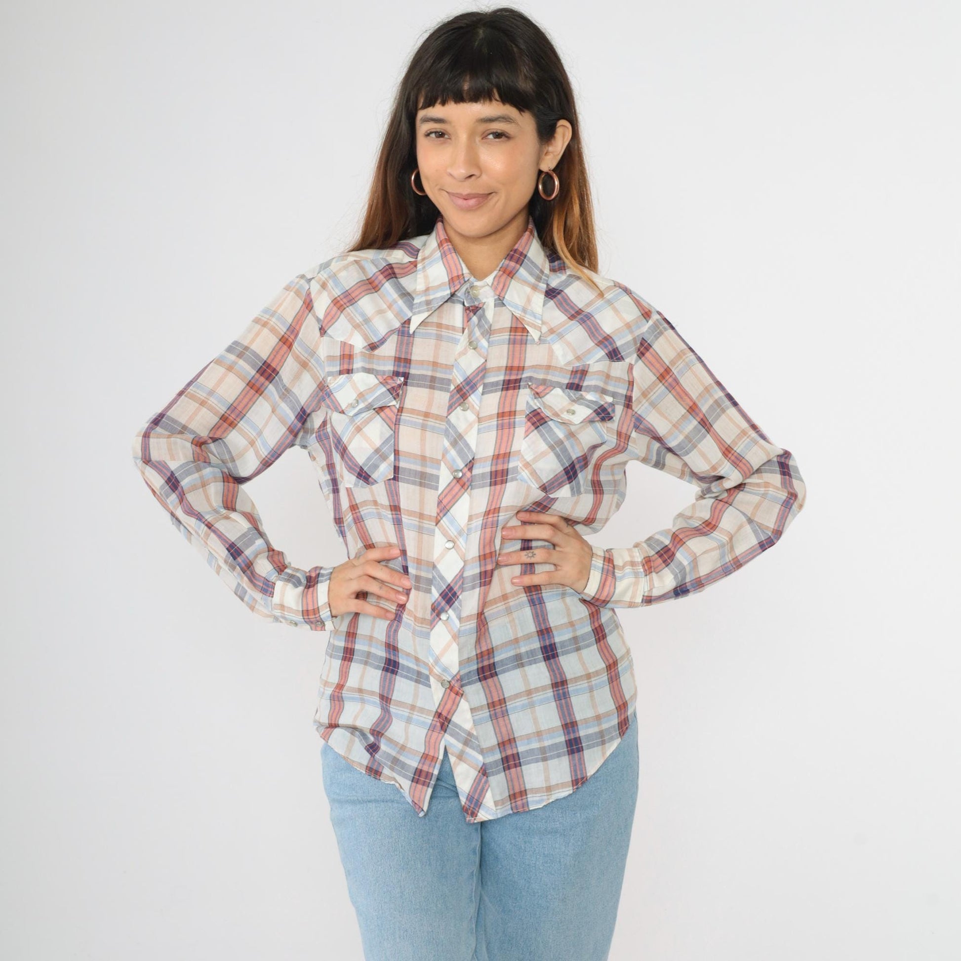 70s Western Pearl Snap Shirt Plaid White Red Blue Dagger Collar Men's Small