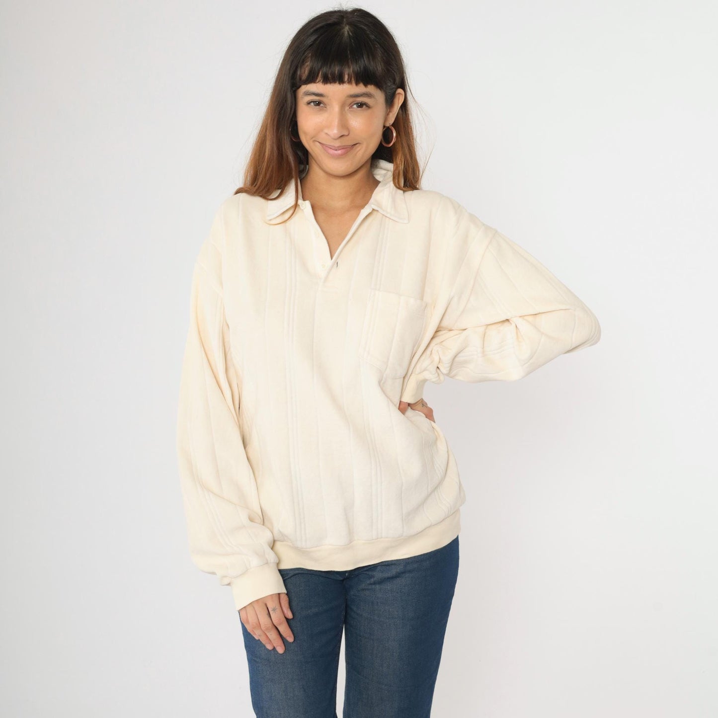 80s Cream Velour Polo Sweatshirt Collared Button-Up Long Sleeve Extra Large