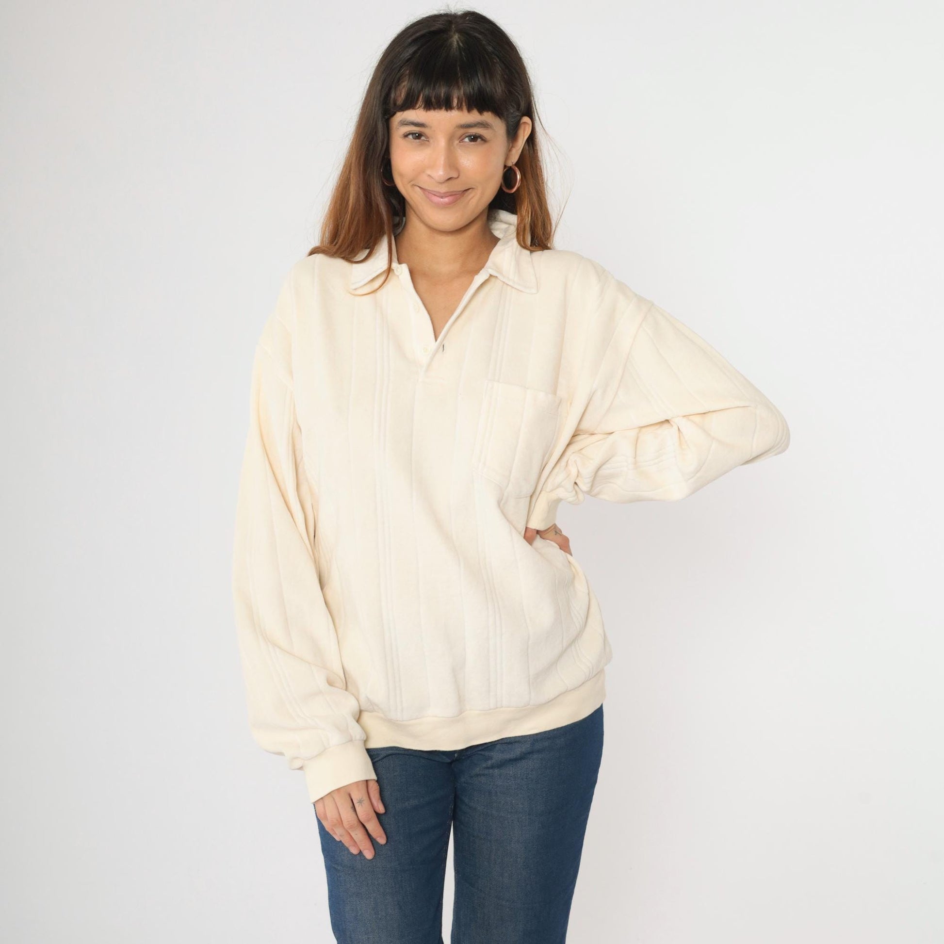 80s Cream Velour Polo Sweatshirt Collared Button-Up Long Sleeve Extra Large