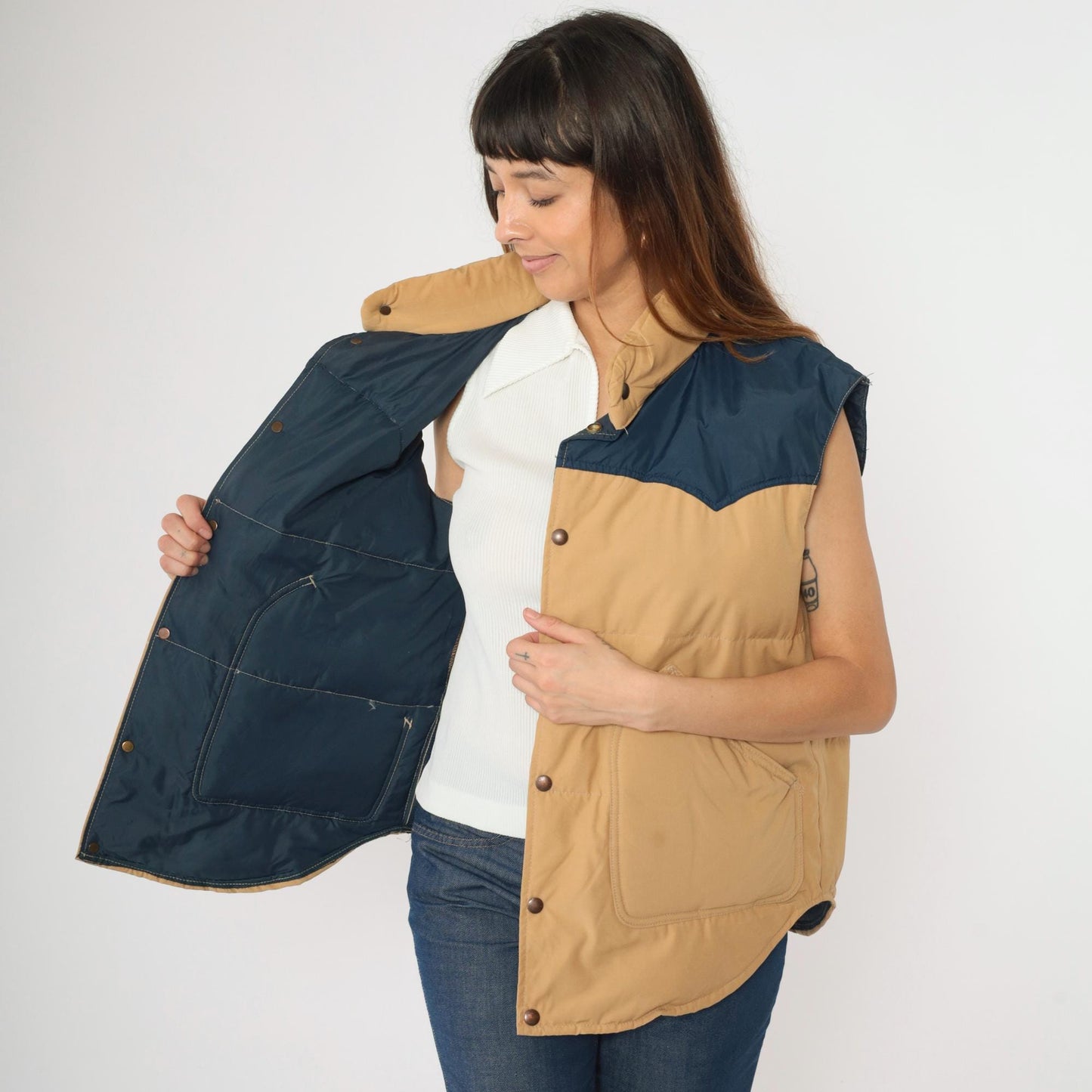 80s Goose Down Puffer Vest Tan Navy Yoke Colour Block Ski Sleeveless Large L