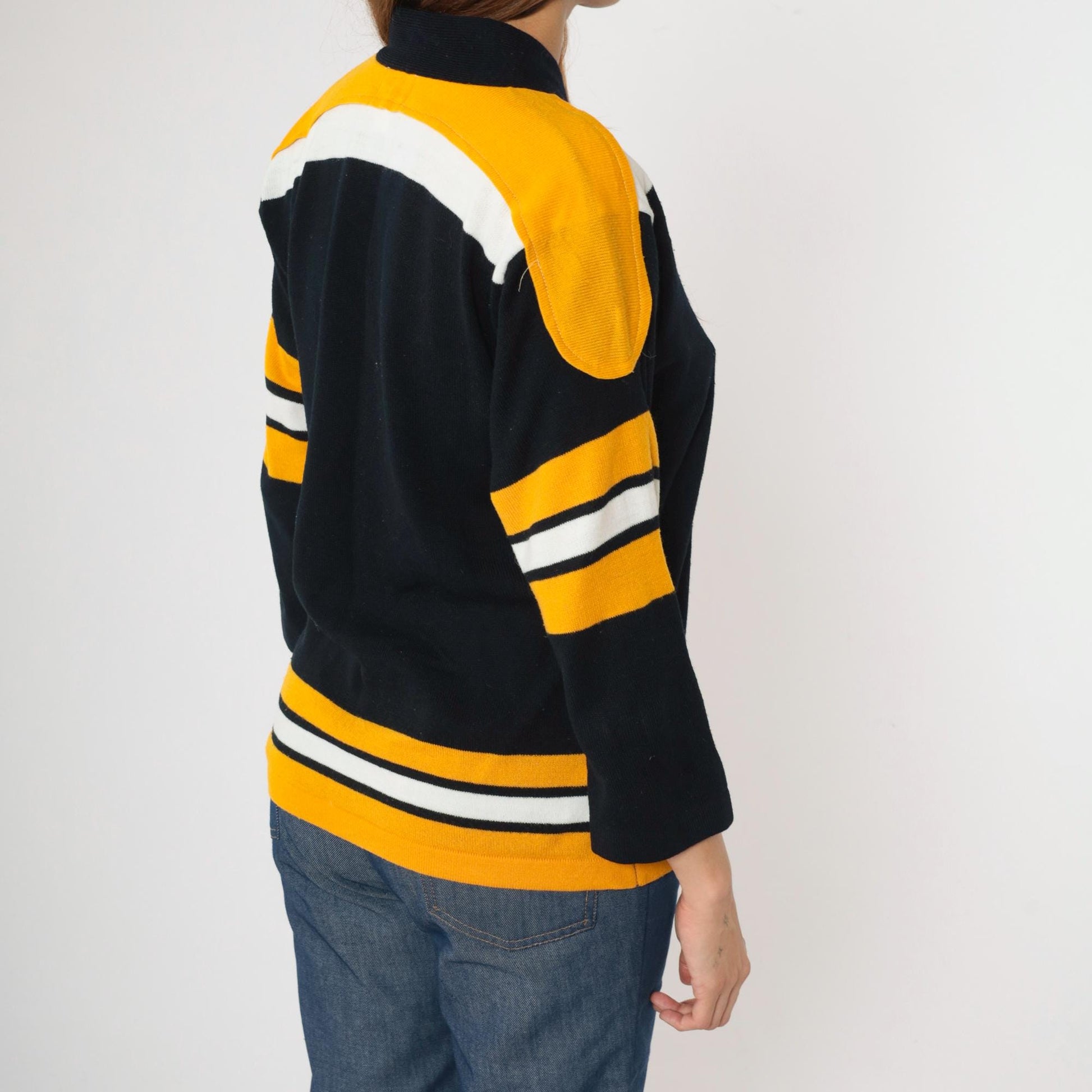 70s Franklin Hockey Jersey Sweater Black Gold Striped Lace-Up Large L