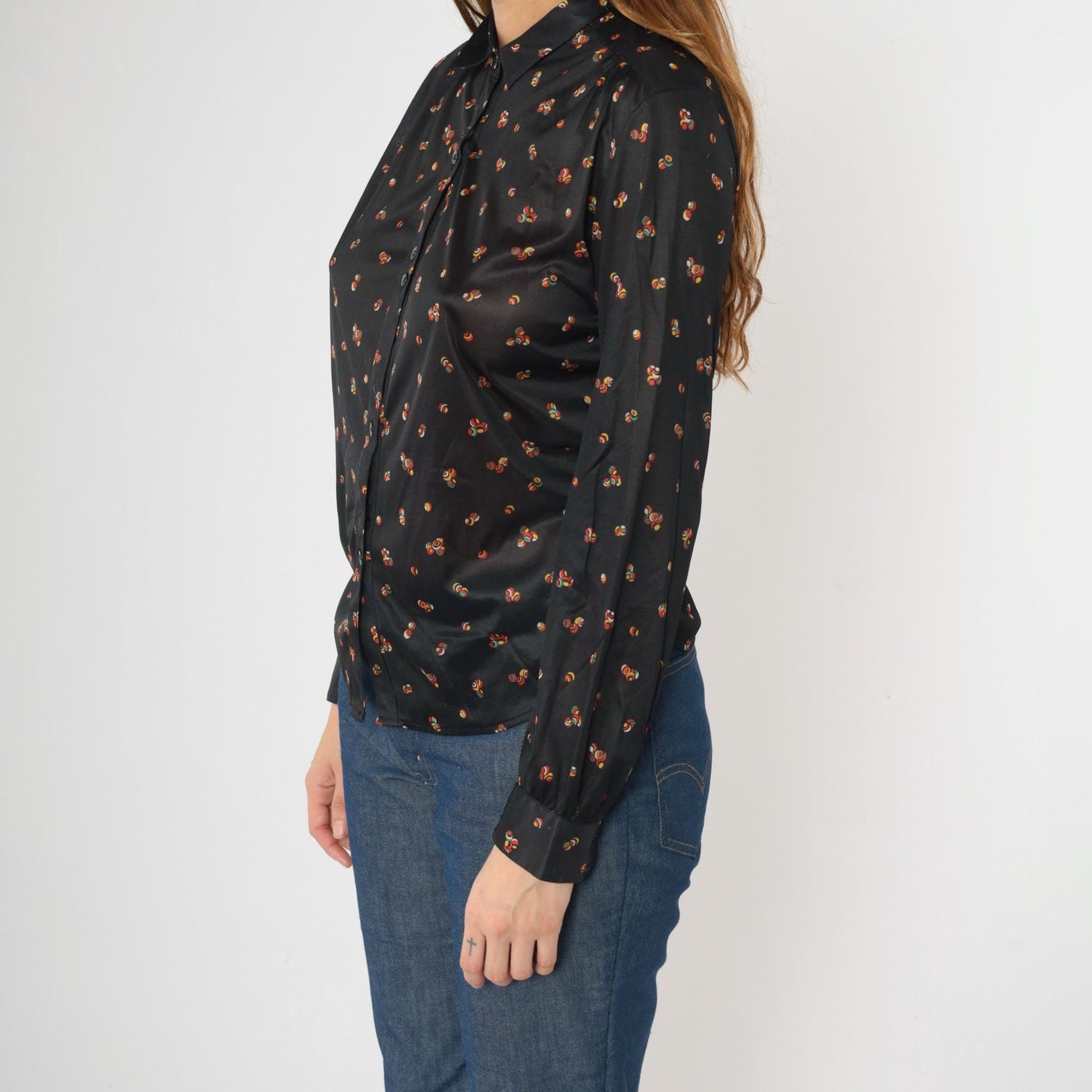70s Black Abstract Sphere Print Button Down Blouse Long Sleeve Pointed Collar Medium