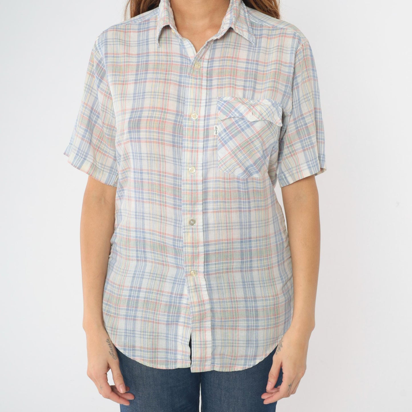80s Levi's Plaid Button-Up Shirt White Blue Red Checkered Short Sleeve Medium