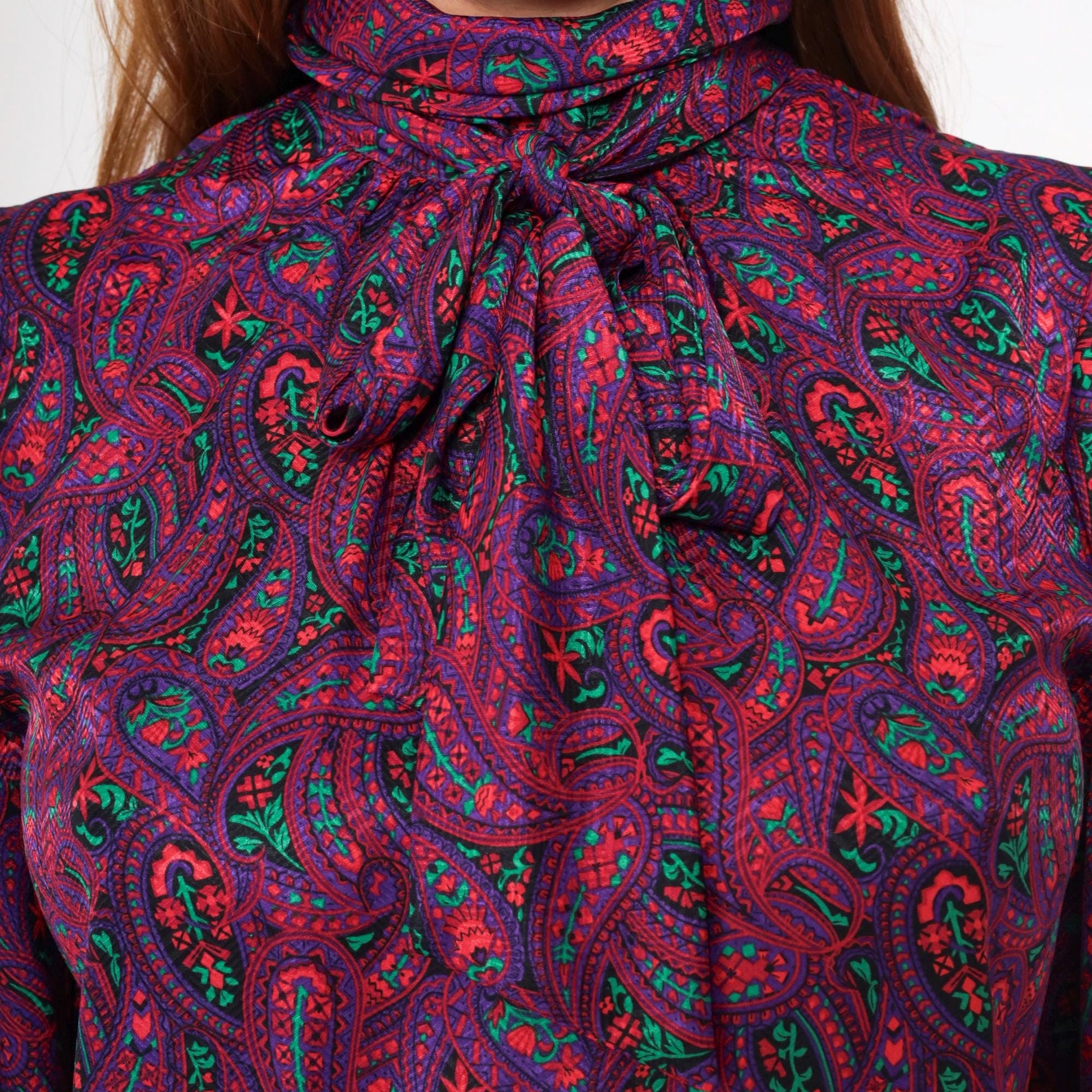 80s Paisley Necktie Blouse Red Purple Psychedelic Button-Up Long Sleeve Small
